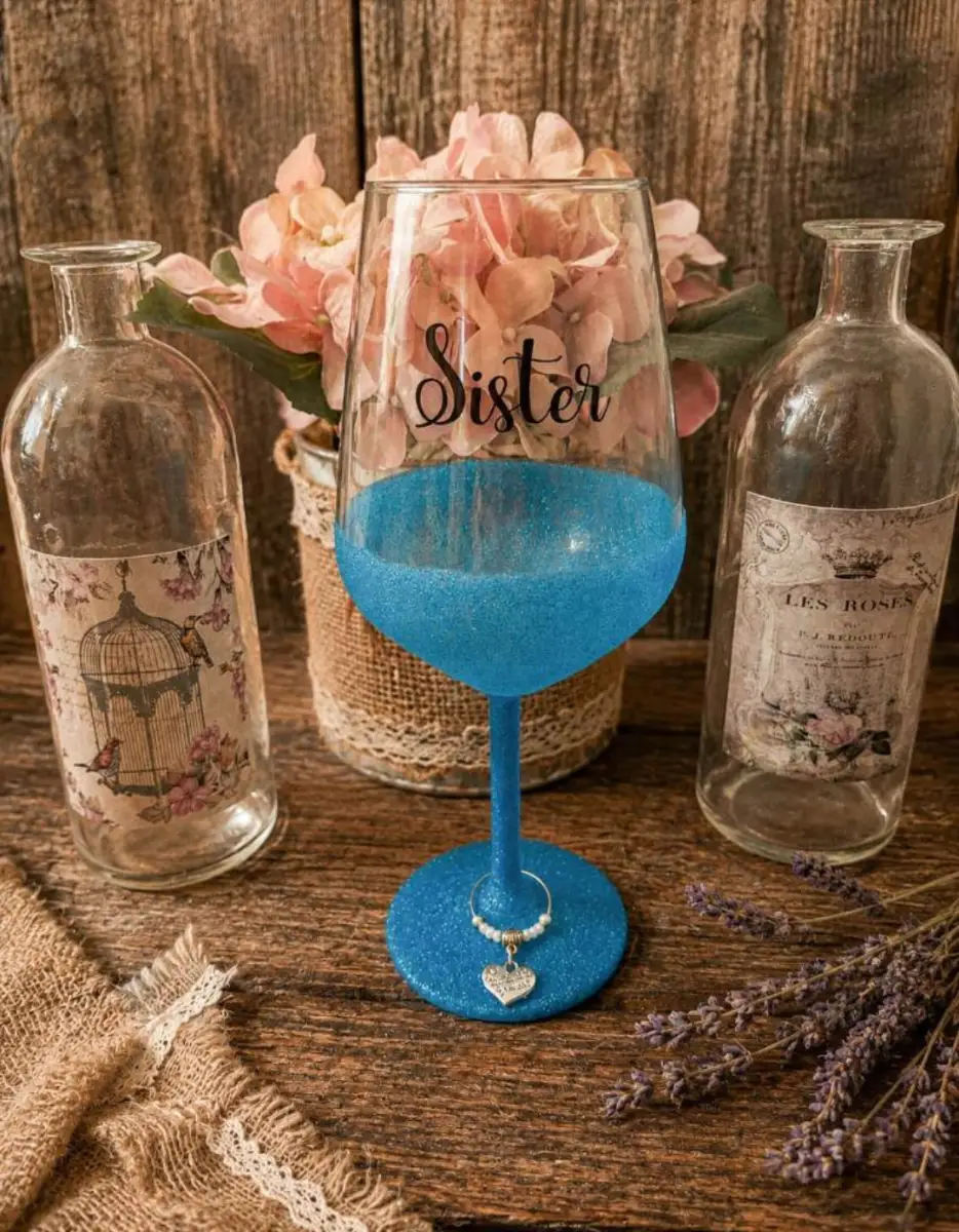 Blue Glitter Sister Wine Glass
