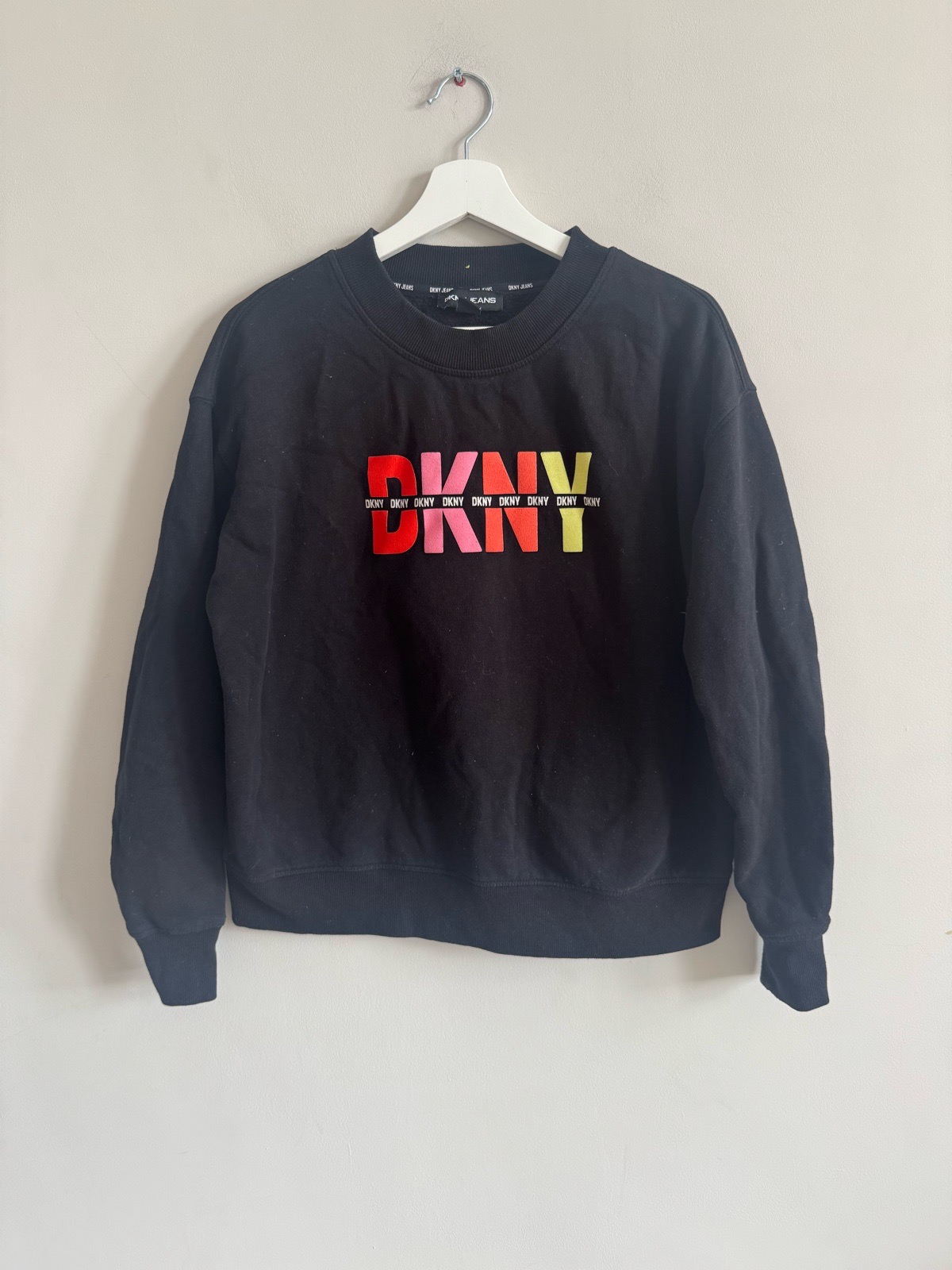 DKNY Jeans Black Sweatshirt Colourful Logo Jumper Size S
