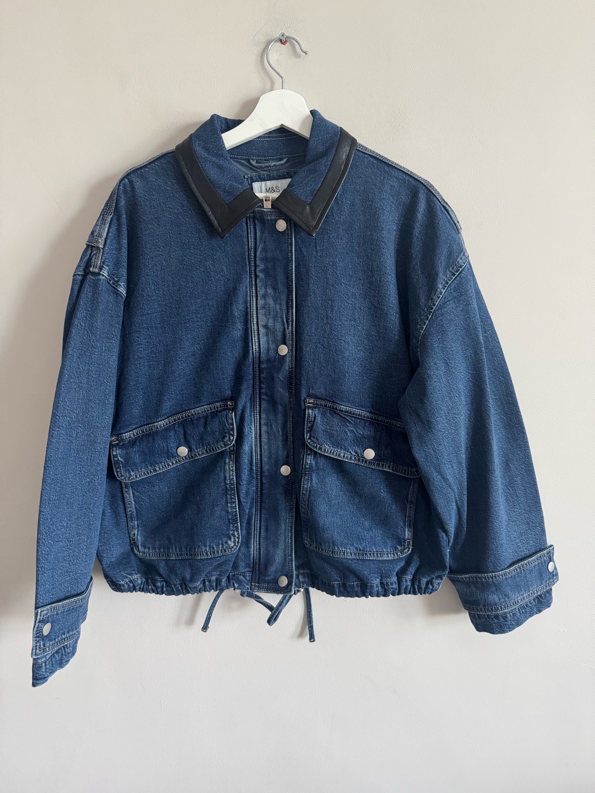 M&S Denim Bomber Jacket Blue Faux Leather Collar Utility Pockets Size M