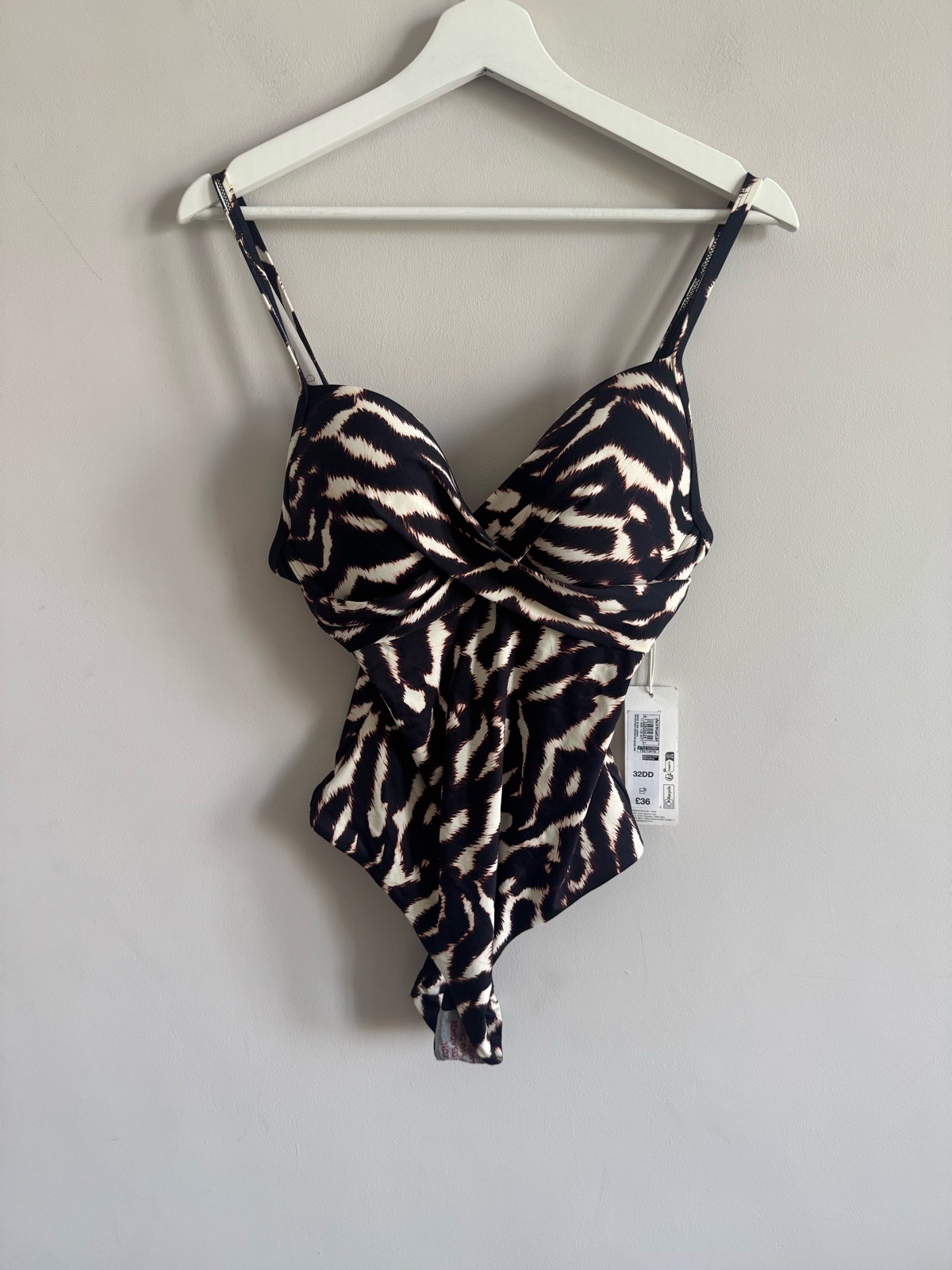 M&S Black Cream Animal Print crossover front Magic Tummy Shaping Swimsuit 32DD