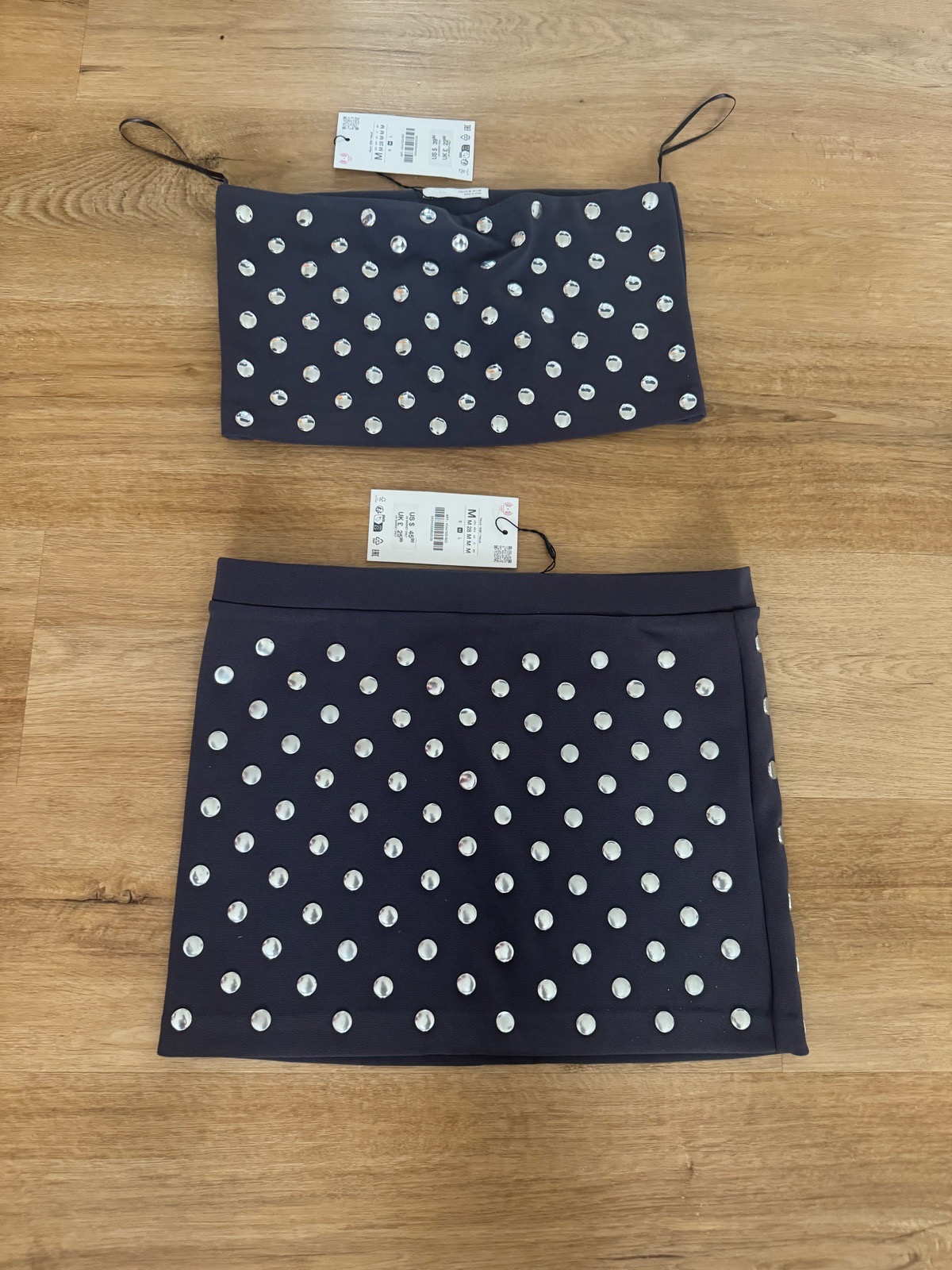 Zara Grey Silver Stud Embellished Co Ord Set bandeau mini skirt Size M