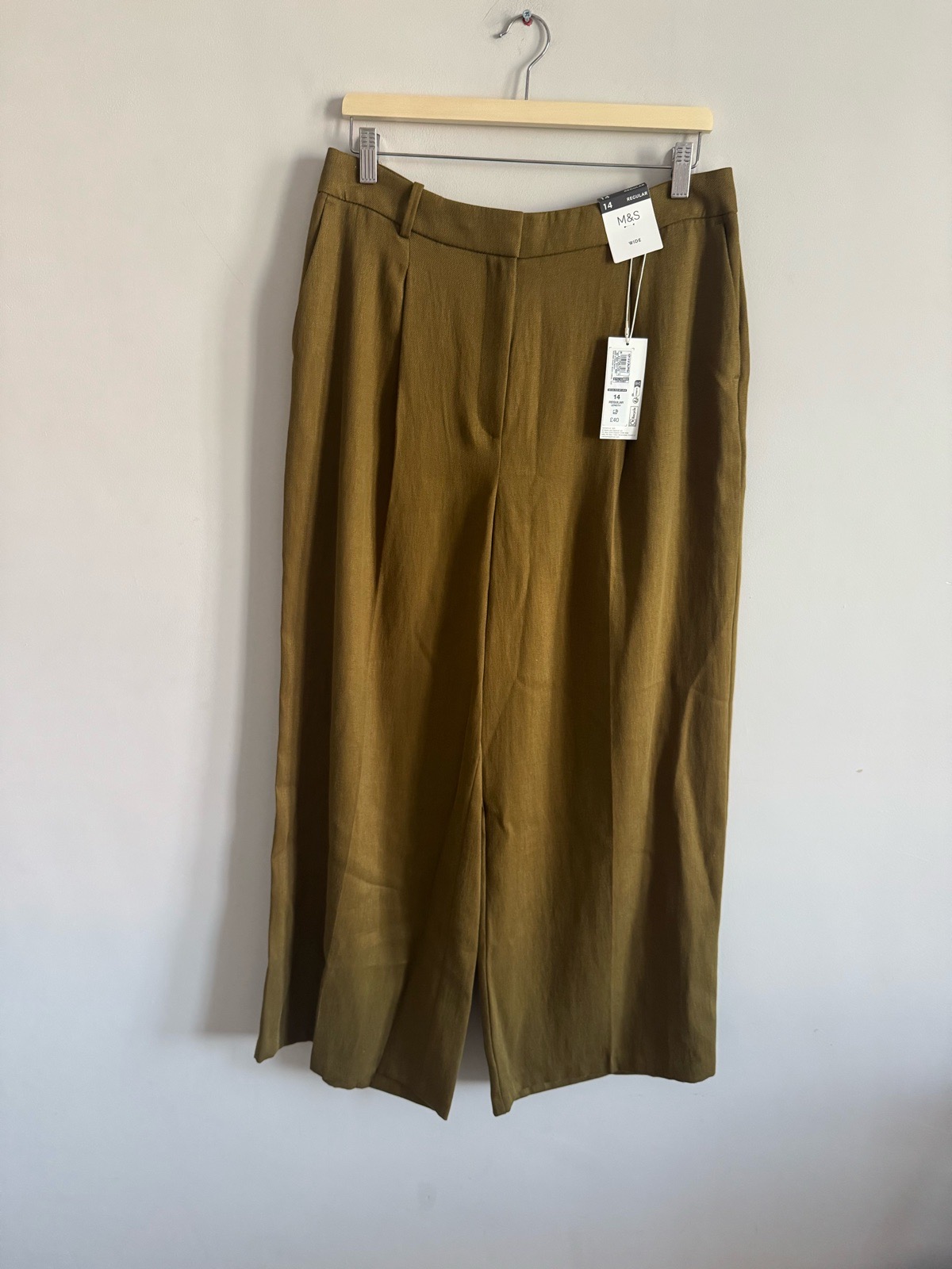 M&S Wide Leg Trousers Khaki Olive Size 14 Regular New With Tags