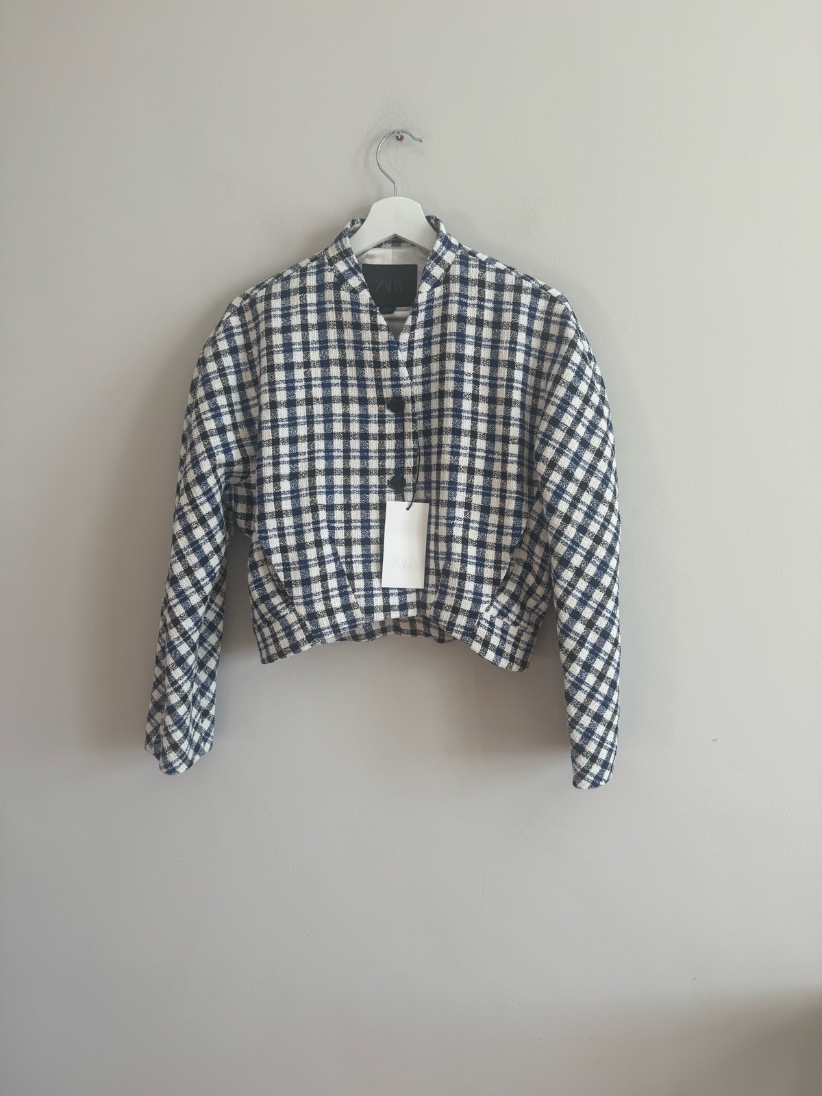 Zara Woman Collection Blue White Checked Cropped Jacket Size M