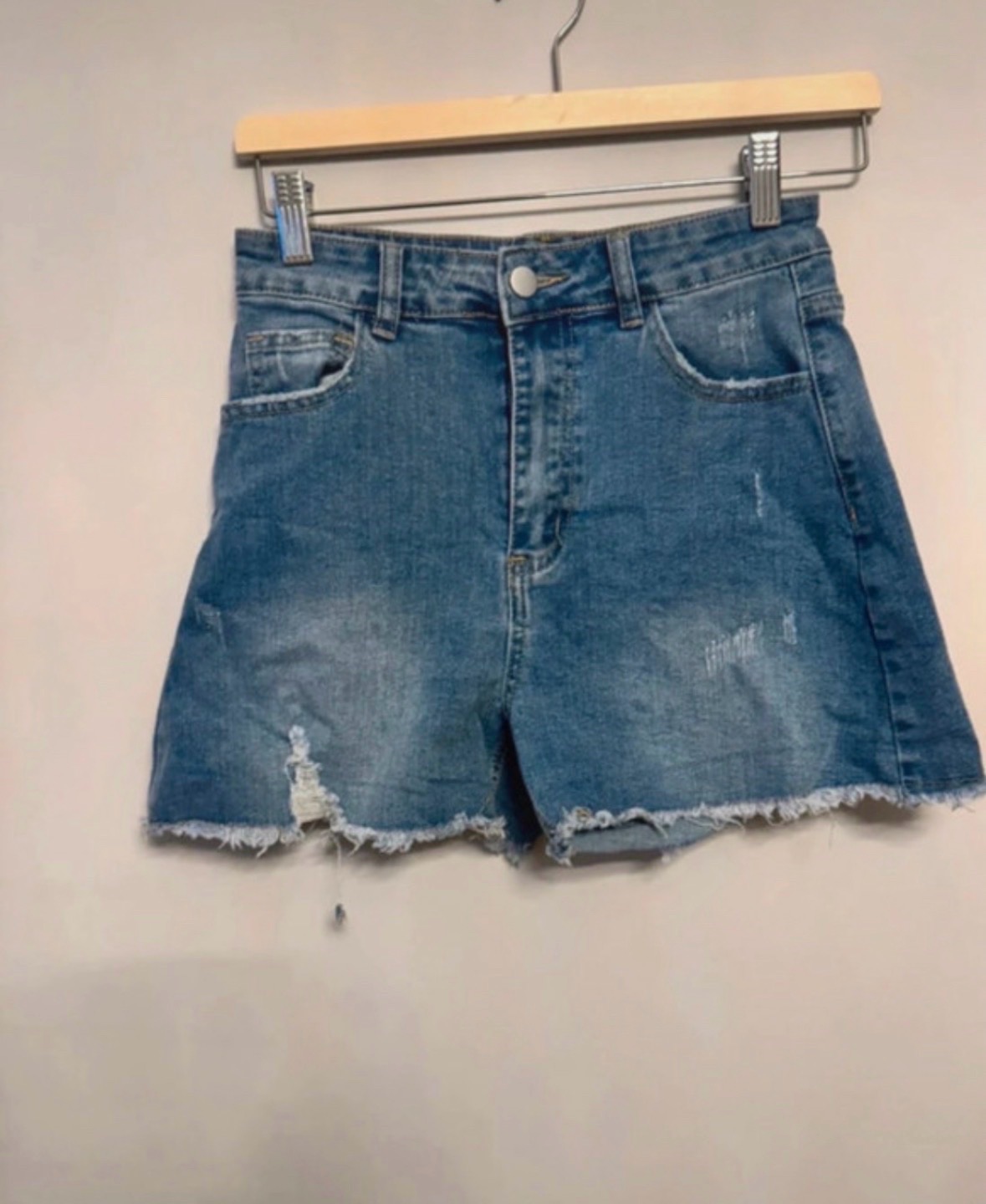 In The Style denim shorts blue distressed frayed hem size UK 6