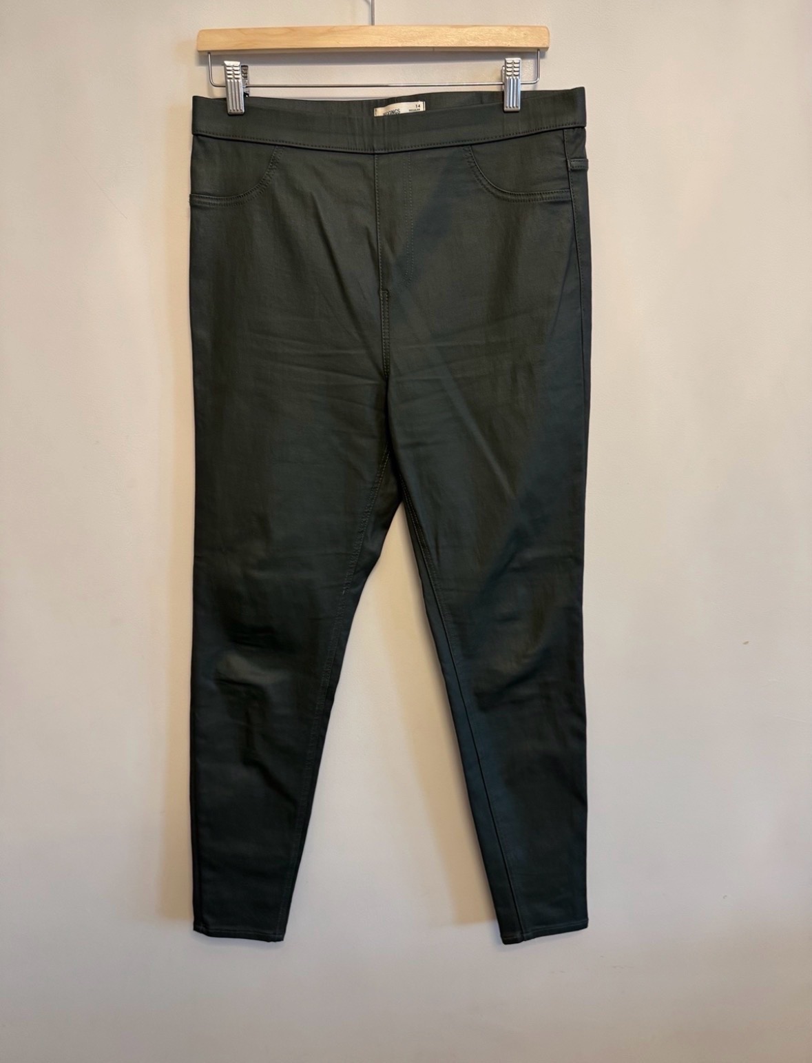 M&S Dark Green Coated Jeggings Size 14 Regular Stretch Slim Fit Faux Leather Look