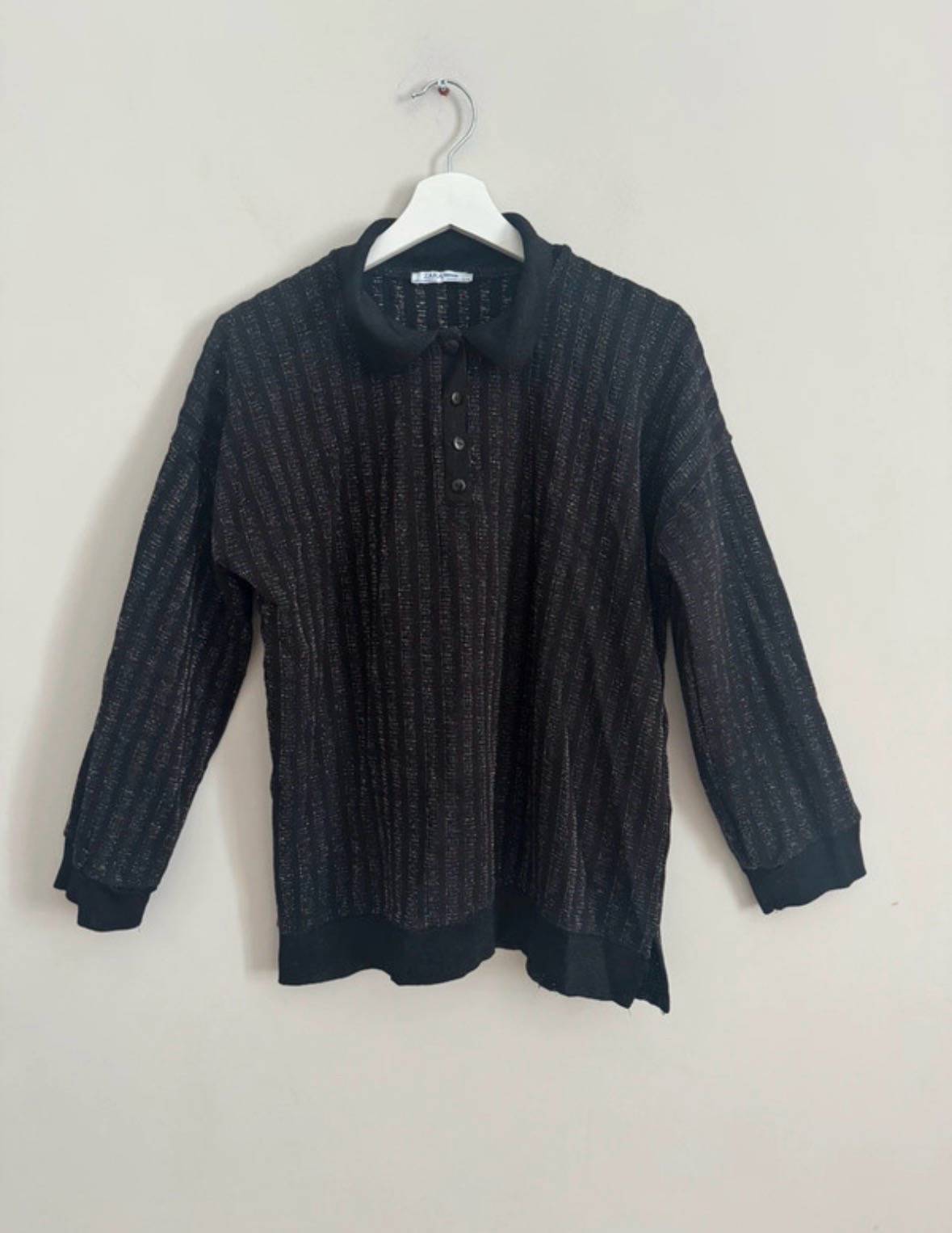 Zara Trafaluc Black Metallic Sheer Polo Neck Top Size S