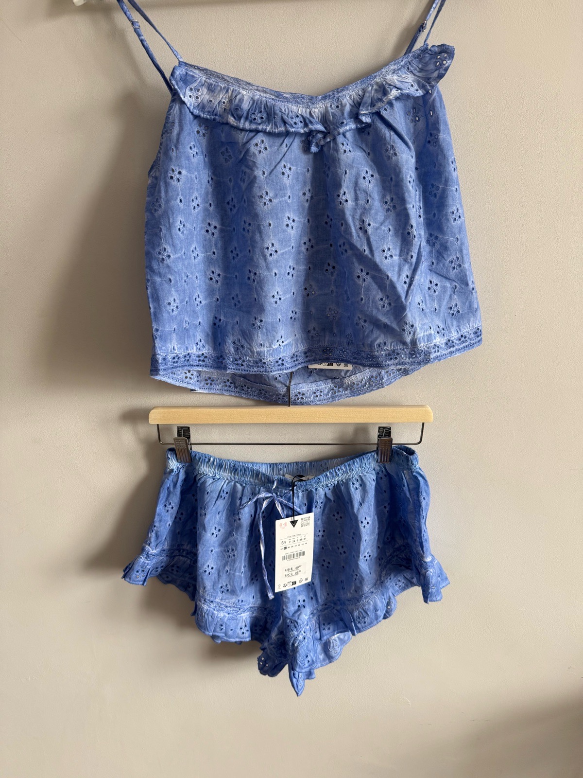 Zara Blue Broderie Anglaise Co Ord Set Cami Top & Shorts Size 6