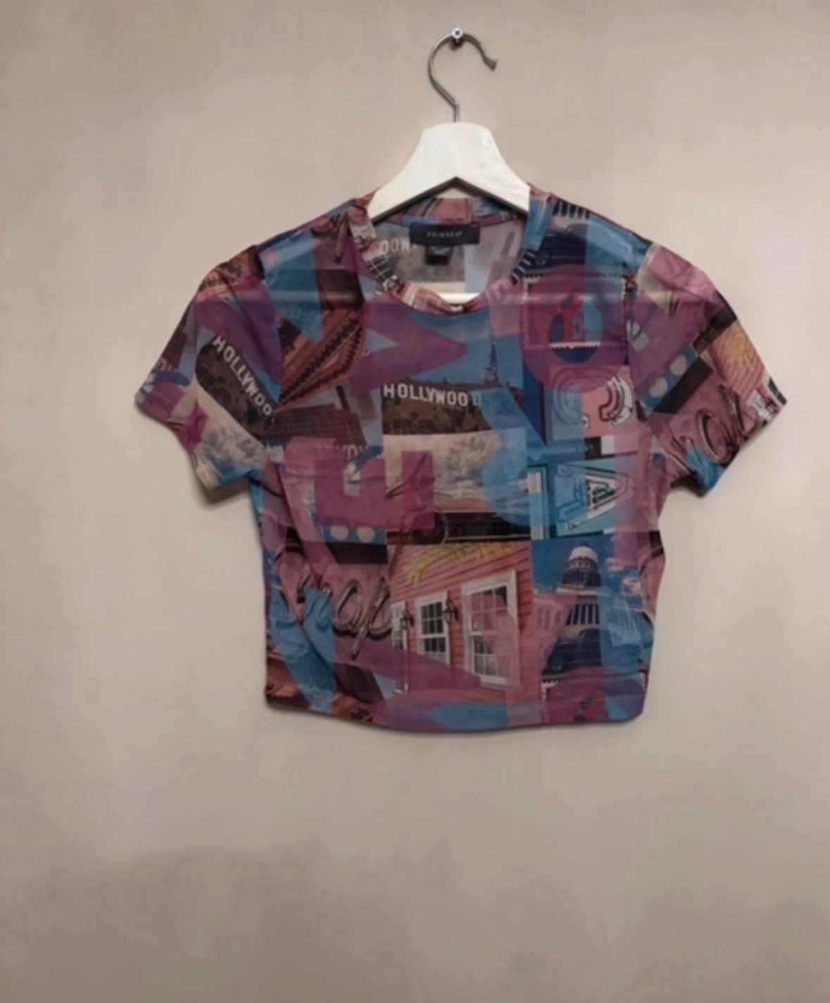 Primark mesh crop top multicolour graphic print Hollywood size UK 6