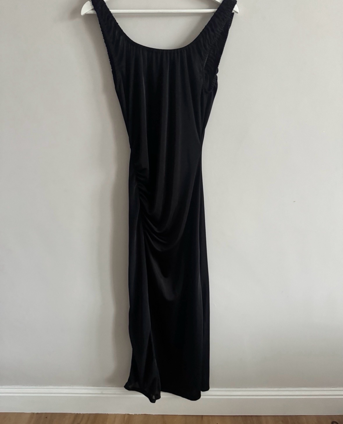Topshop Black Ruched Midi Dress UK 12 – Sheer Overlay, Bodycon Fit