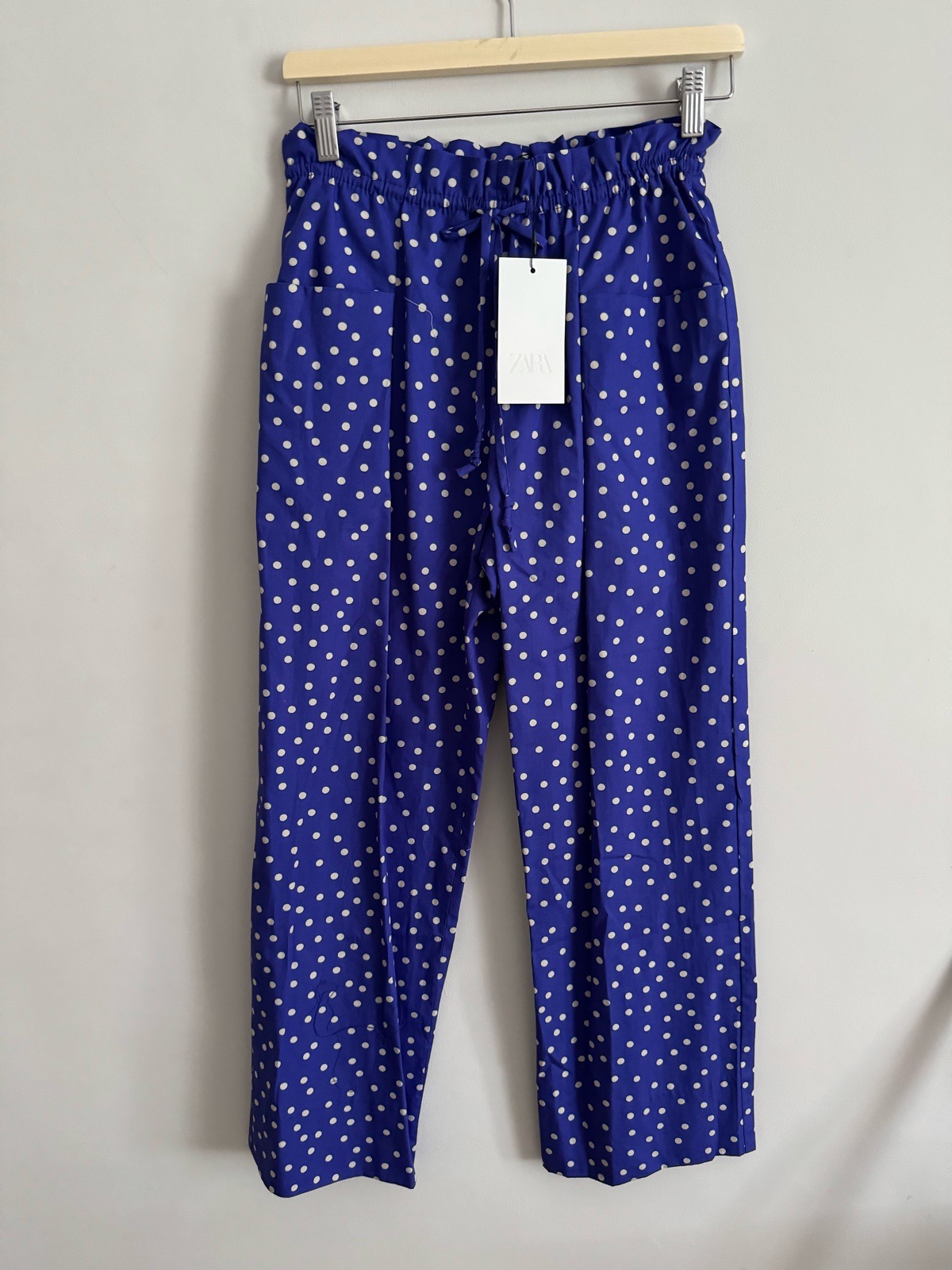 Zara Blue White Polka Dot Trousers Wide Leg Size Xs 6-8 Elasticated Waist
