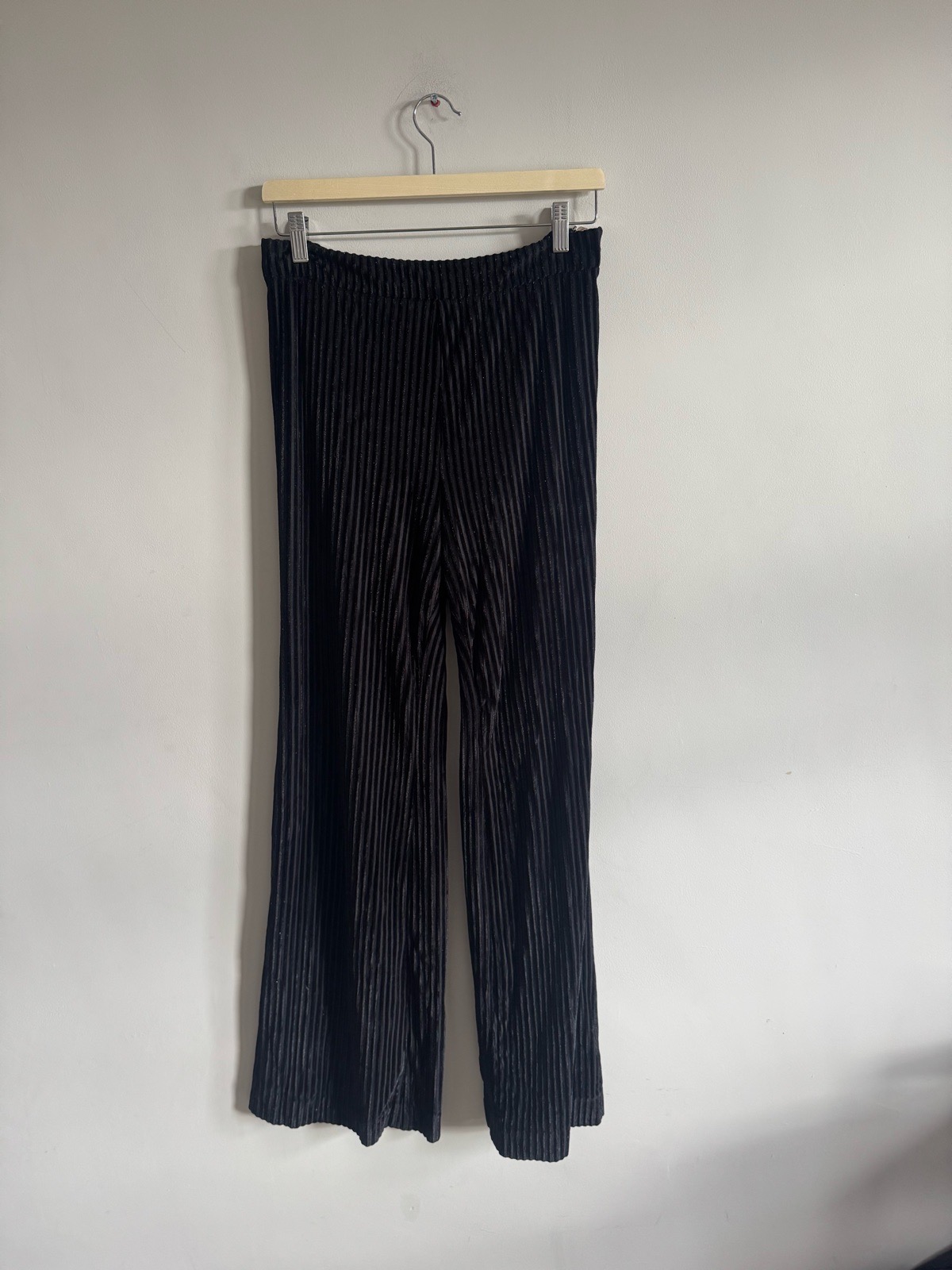 House of CB London Black Velvet Ribbed Wide Leg Trousers Size L 12 - 14