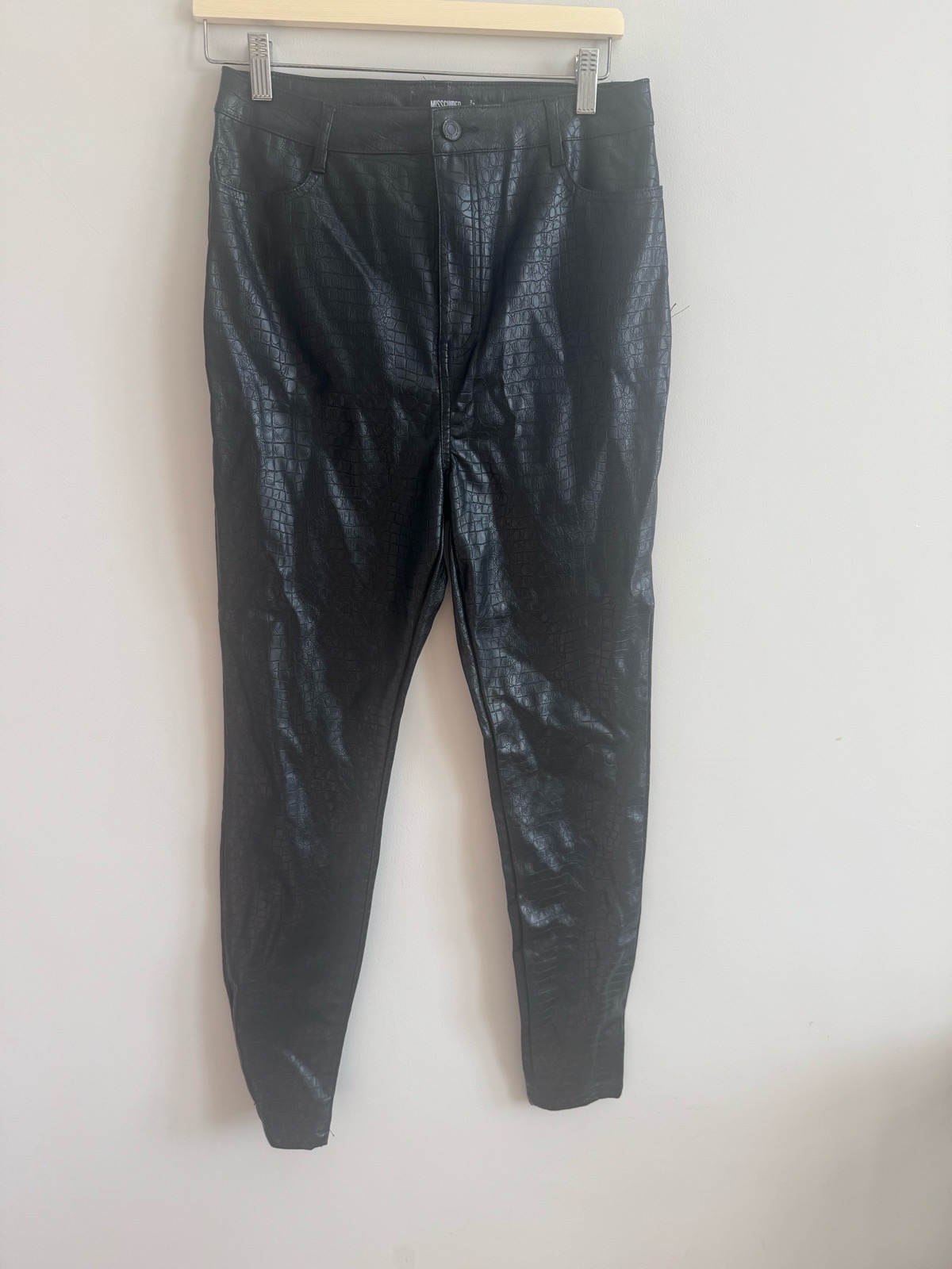Missguided Croc Effect Faux Leather Trousers Black UK 12 High Waist Skinny