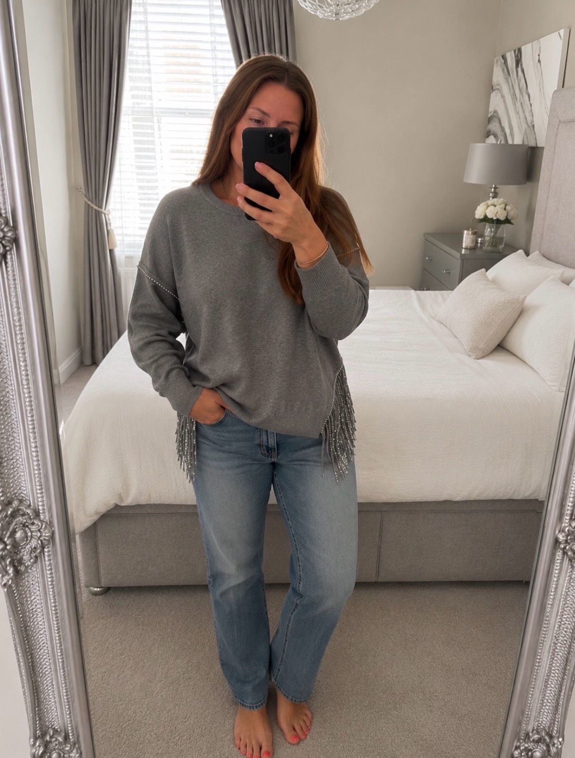 Cameo Rose Grey Stud & Fringe Jumper Sweater – Size M Medium 12-14