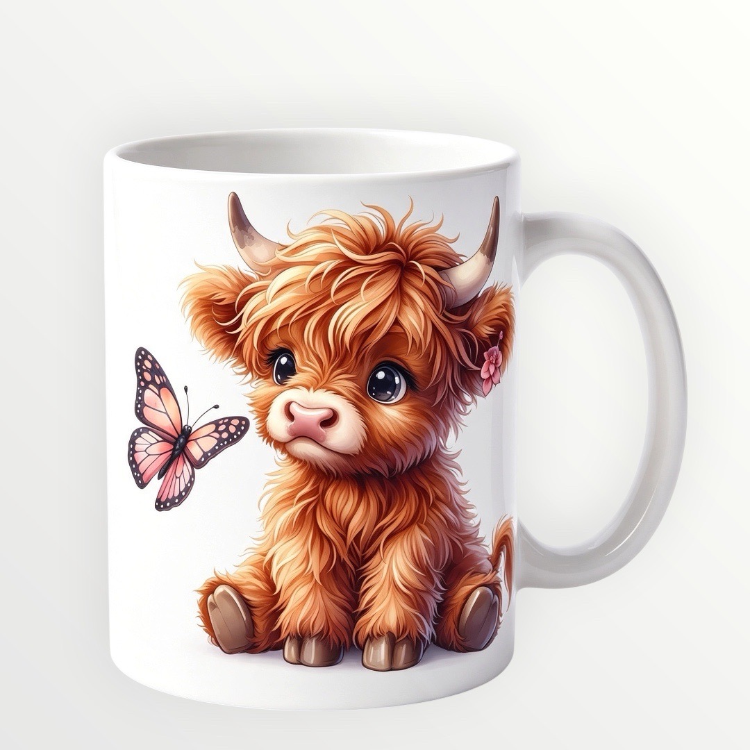 New 11oz ceramic sublimation Cute highland cow mug with butterfly