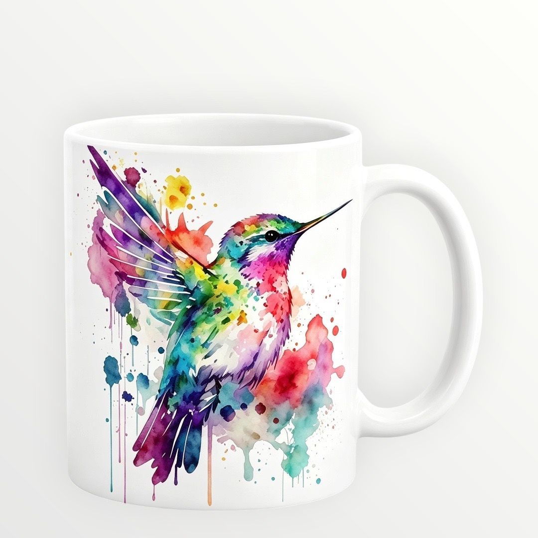 New11oz ceramic sublimation White mug with colorful watercolor hummingbird