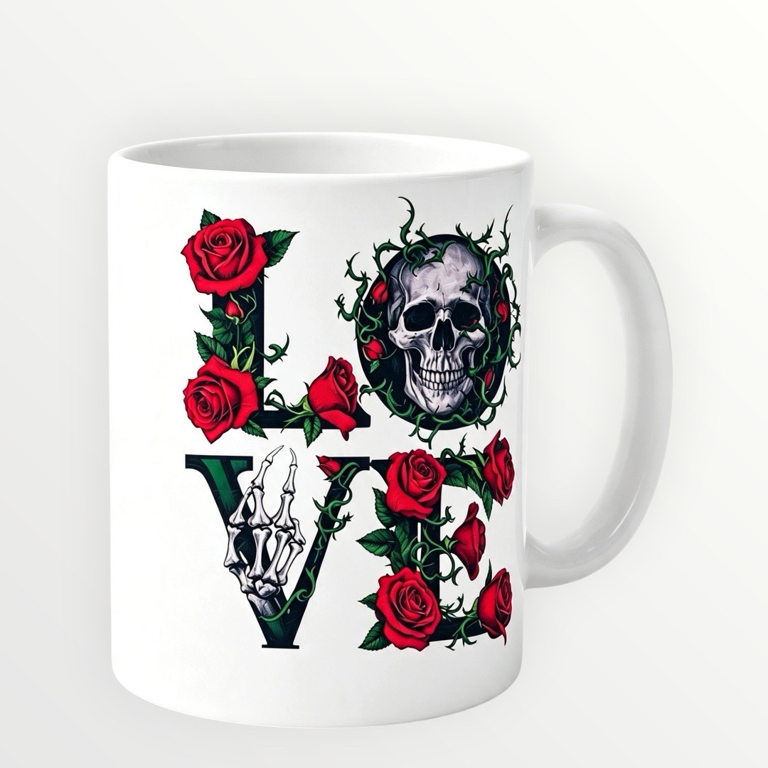 New 11oz ceramic sublimation White mug with red roses and a skull