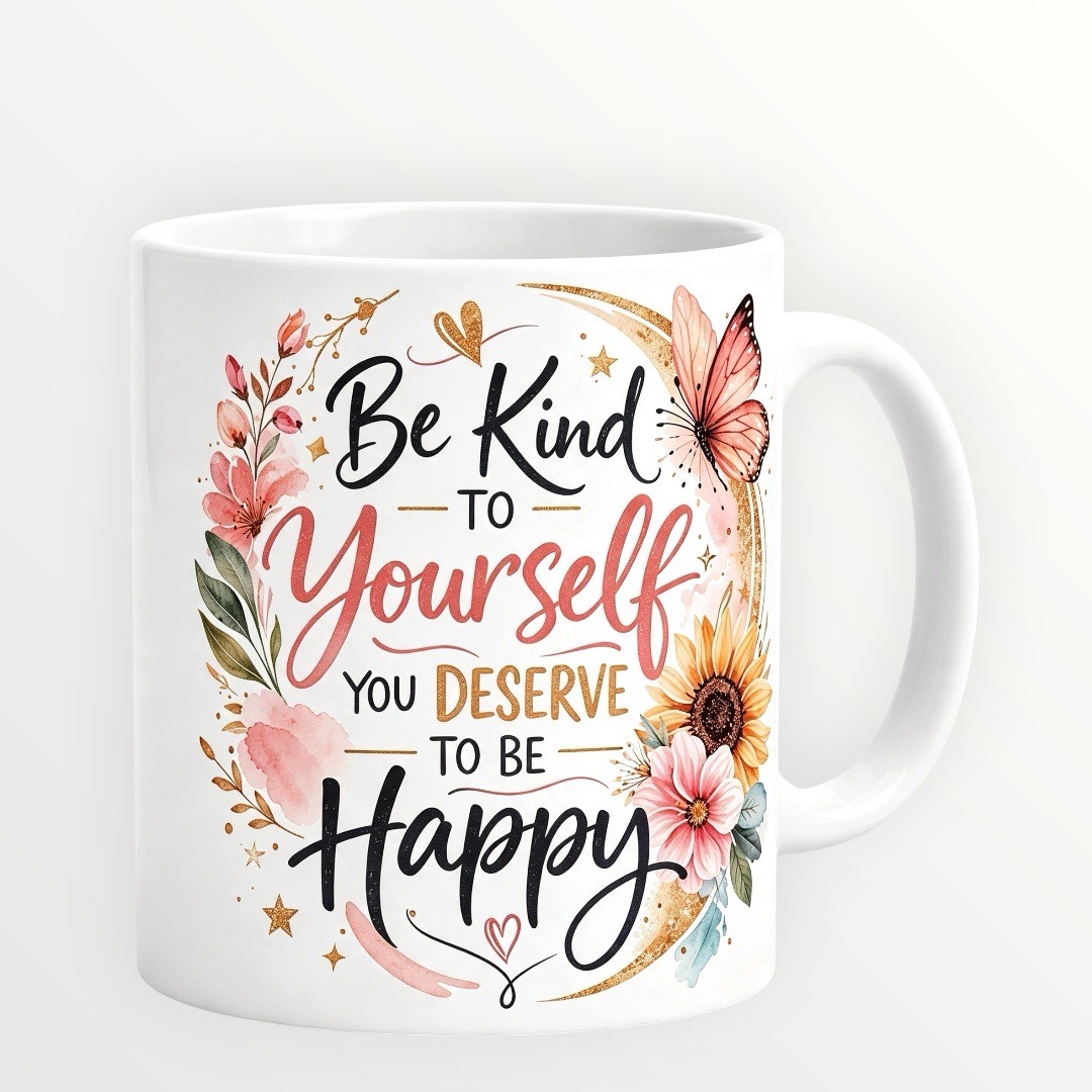 New 11oz ceramic sublimation White mug with the words 'Be Kind To Yourself