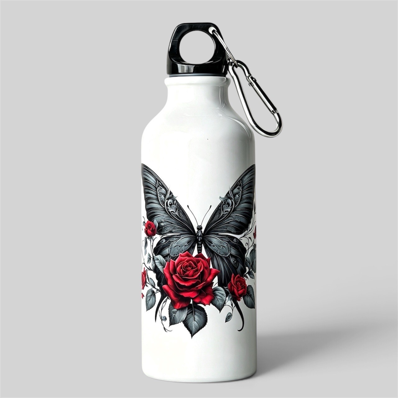 New 750ml White water bottle with black butterfly and red roses design