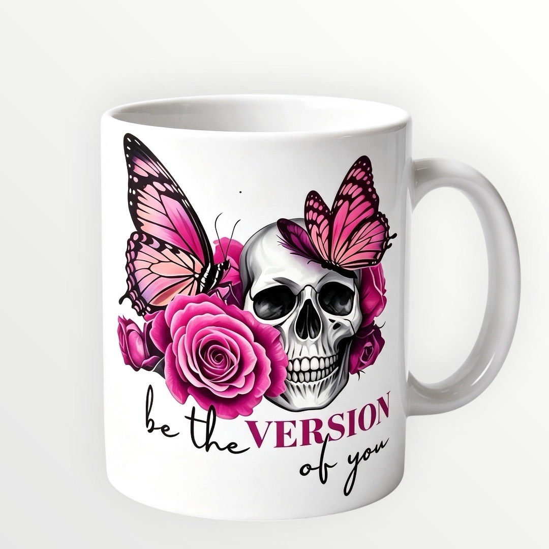 New 11oz sublimation Pink skull with butterflies and roses mug