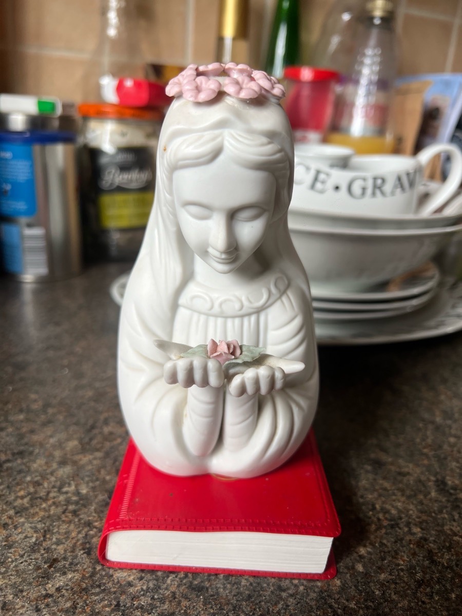 Vintage glazed porcelain bisque Madonna - virgin mary  & bible