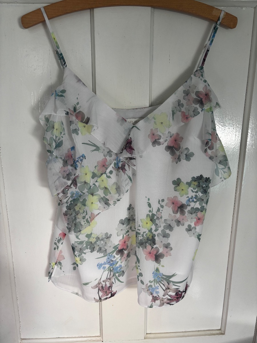 Ted Baker white Floral chiffon  Ruffle Cami Top size 1