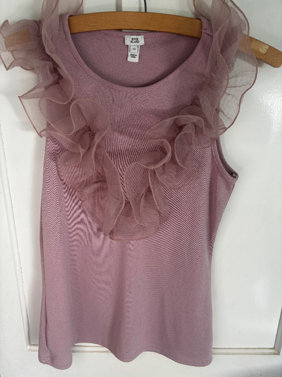 River Island Dusky Pink Sleeveless Ribbed Vest with Organza Ruffle Size 12