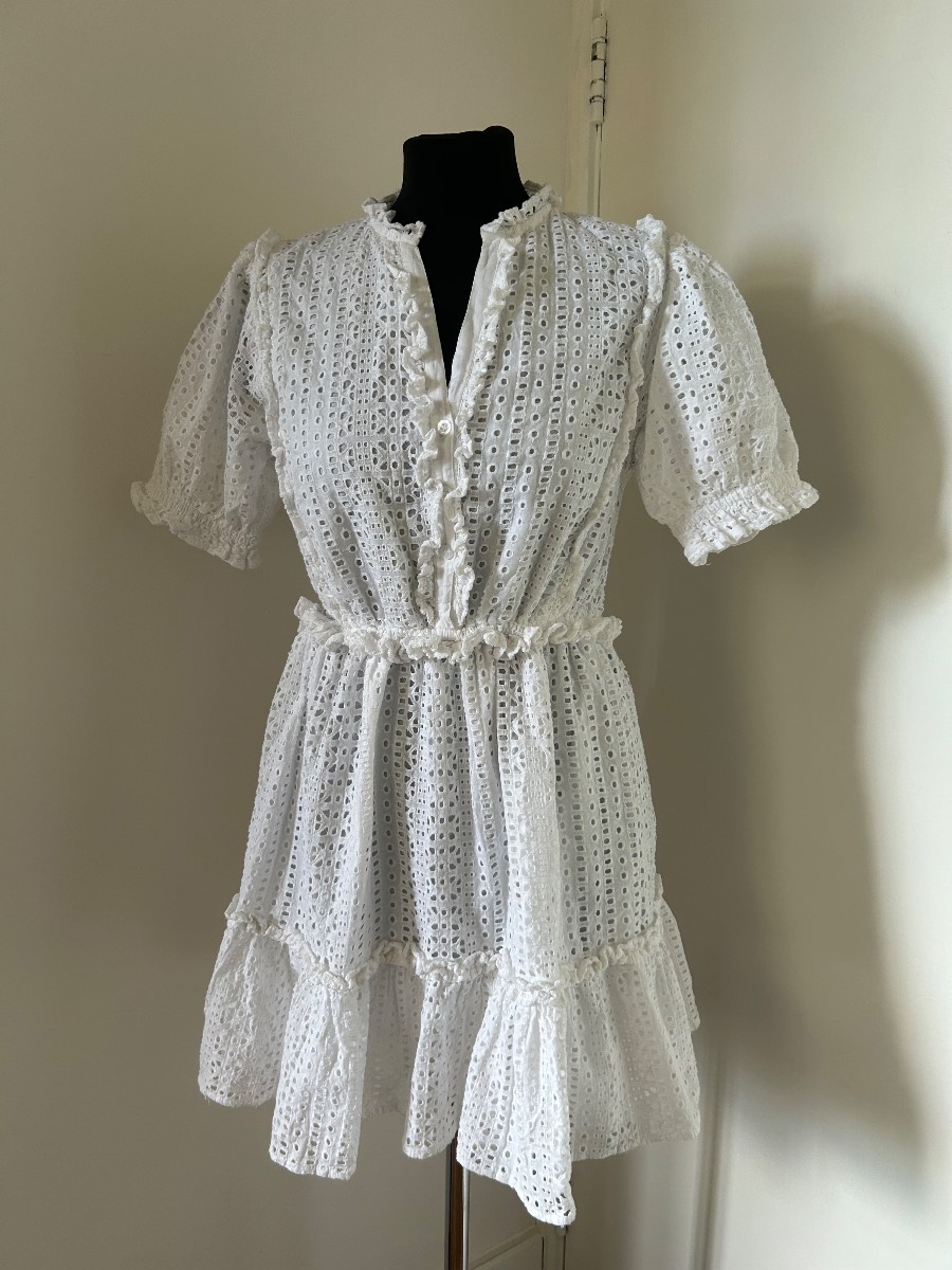 Oasis White Broderie Anglaise Cotton Mini Dress UK 12 (Best Fits UK 10) Puff Sleeve Lined
