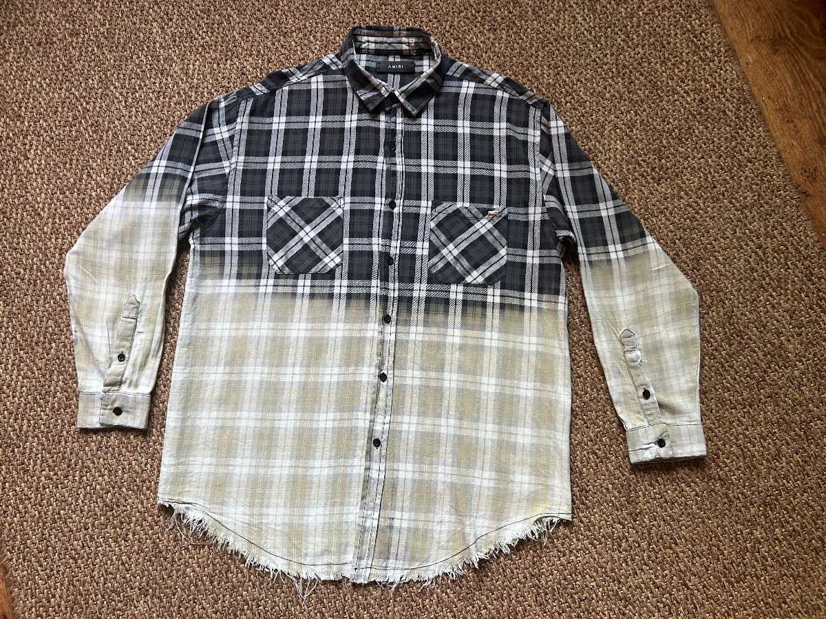 AMIRI Ombre Plaid Flannel Shirt XXL Distressed Hem Black Grey Beige