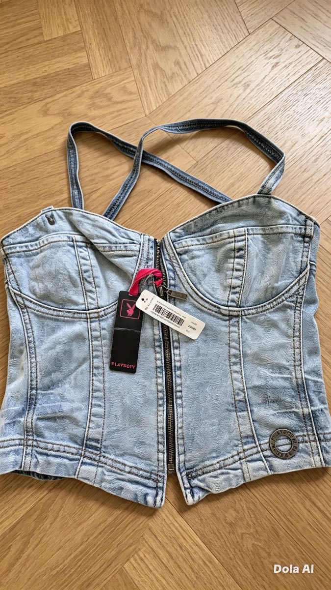 Playboy Denim Corset Zip Front Crop Top Blue Y2K Size 12
