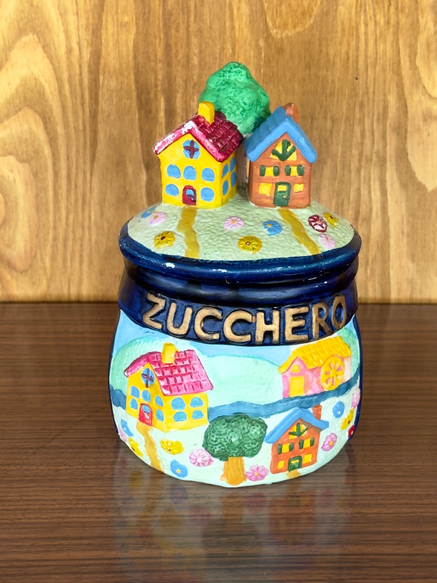 Vintage Italian Sugar Canister Storage Jar Colourful Ceramic Kitchen Canister Lid