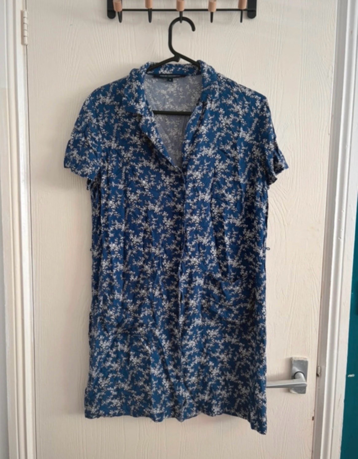 CottageCore French Connection Ditsy Daisy Print Shirt Dress In Navy Short Sleeves Size S