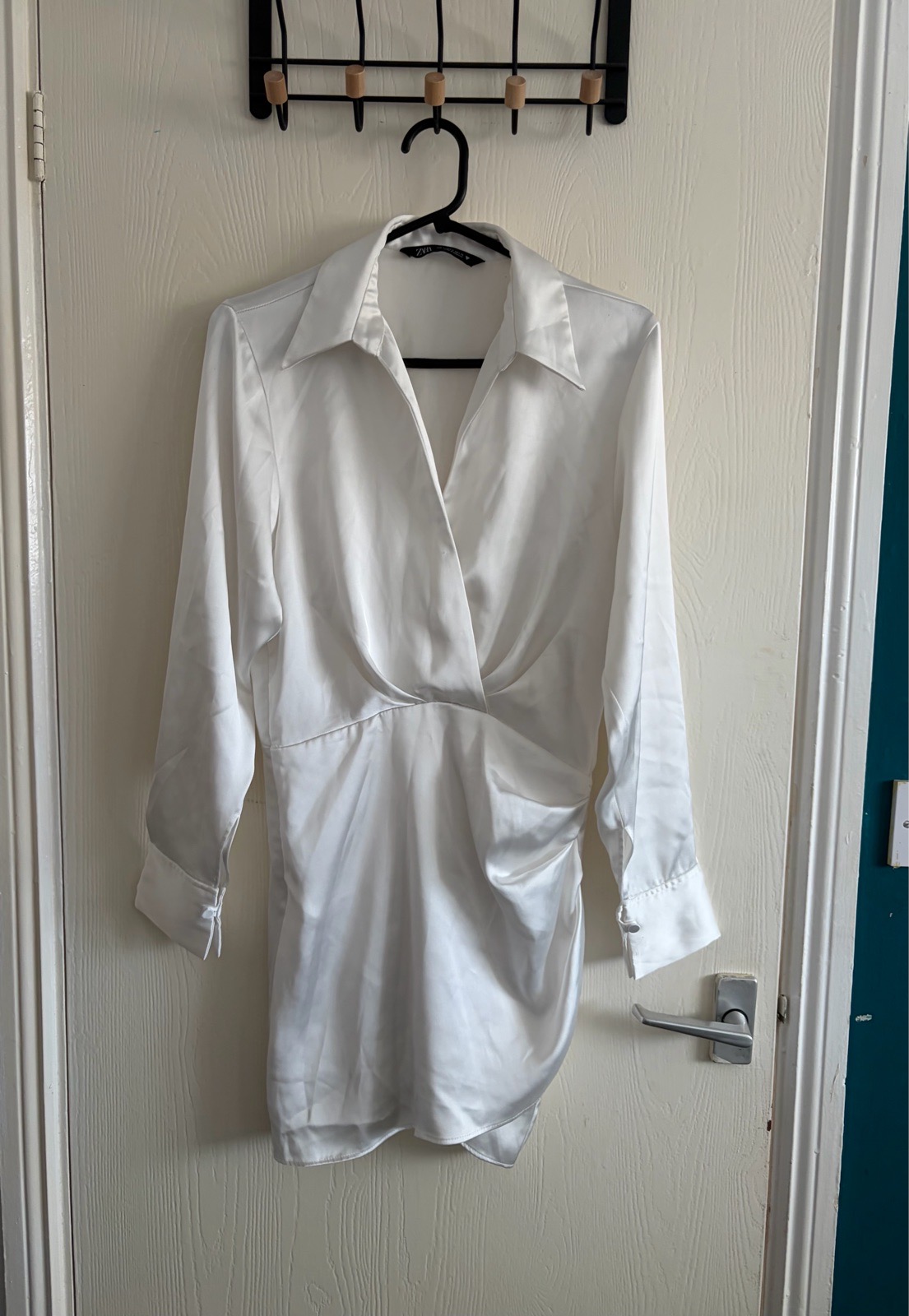 Zara White Silk Effect Draped Ruched Wrap Mini Dress Long Sleeve Size S