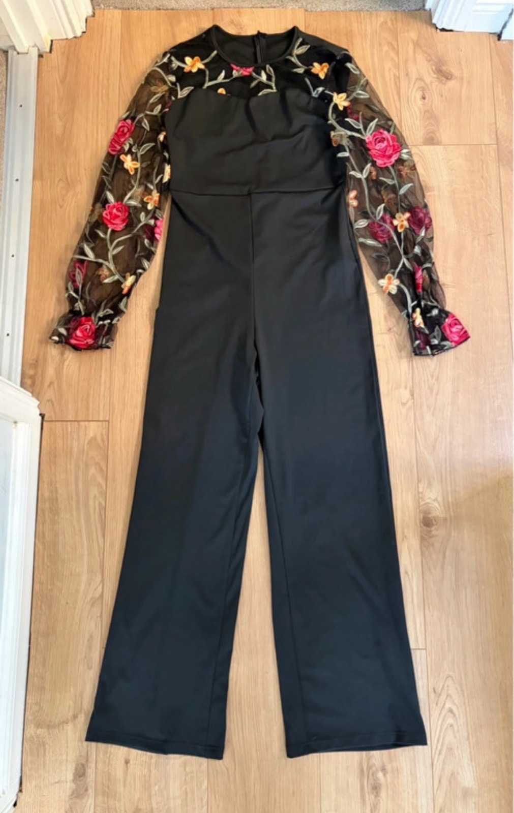 Black Jumpsuit Wide-Leg Long Floral Mesh Sleeves Size M