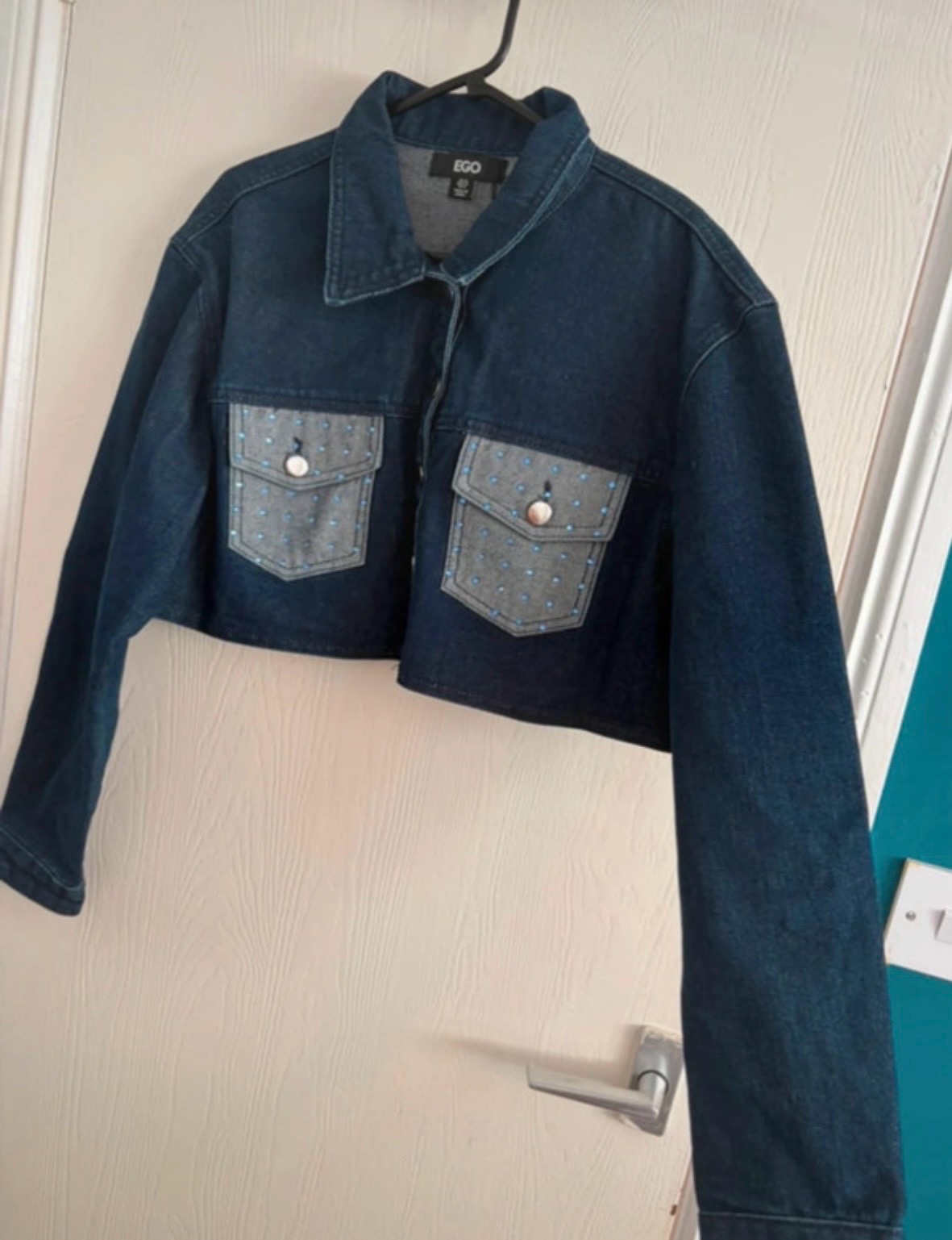 EGO Dark Blue Cropped Denim Jacket With Diamante Detail Y2K Size 10