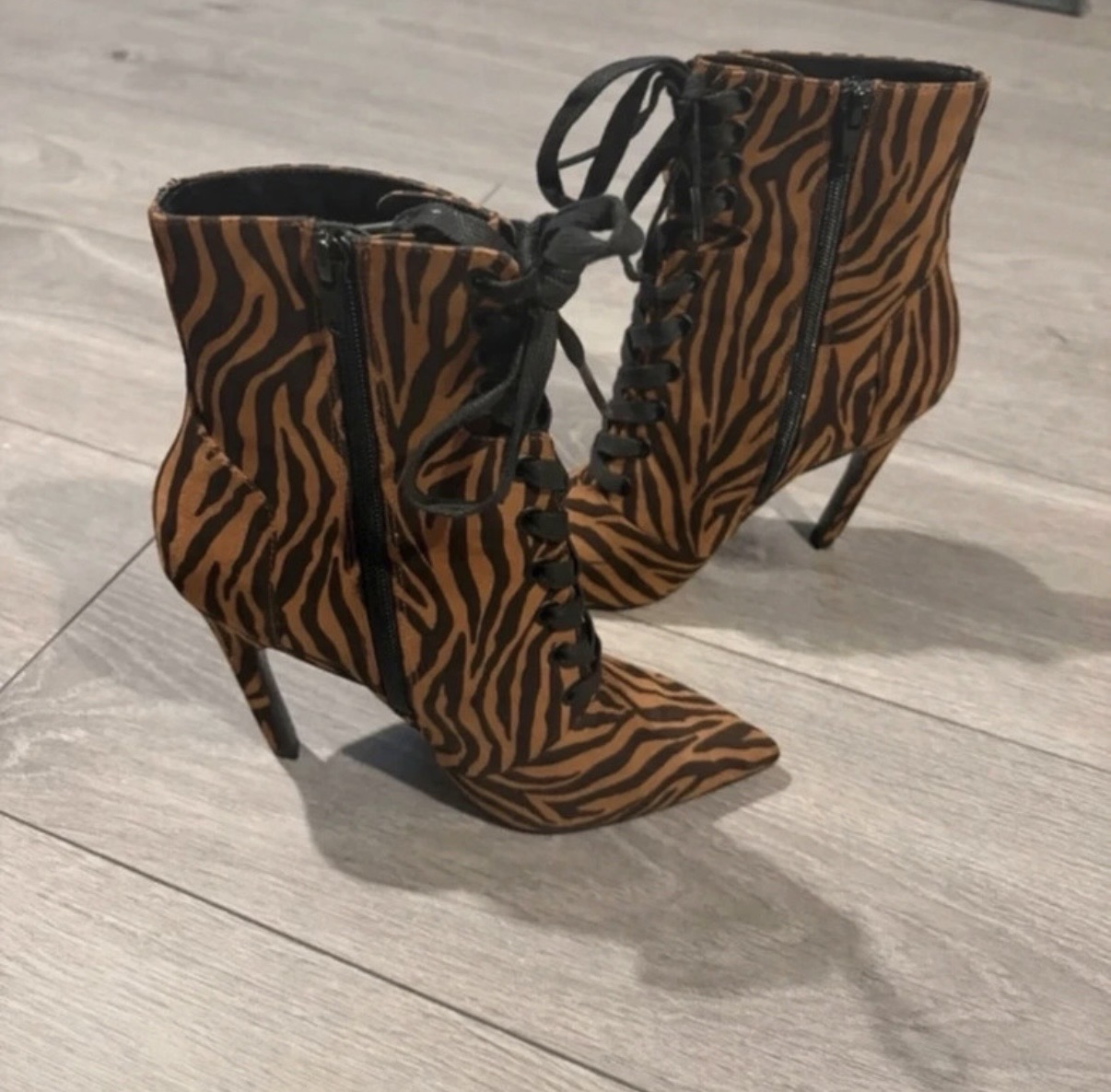 Animal Print Lace Up Stiletto Heel Boots With Pointed Toe Tiger Print Size 5 ASOS