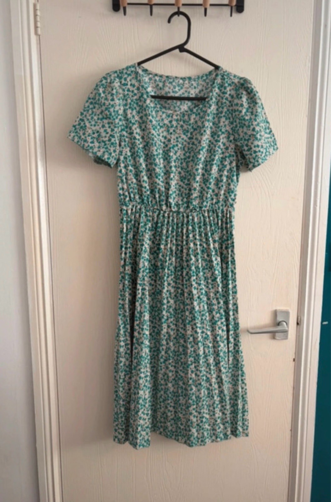 Green Floral Pleated Midi Tea Dress CottageCore Prairie Size S
