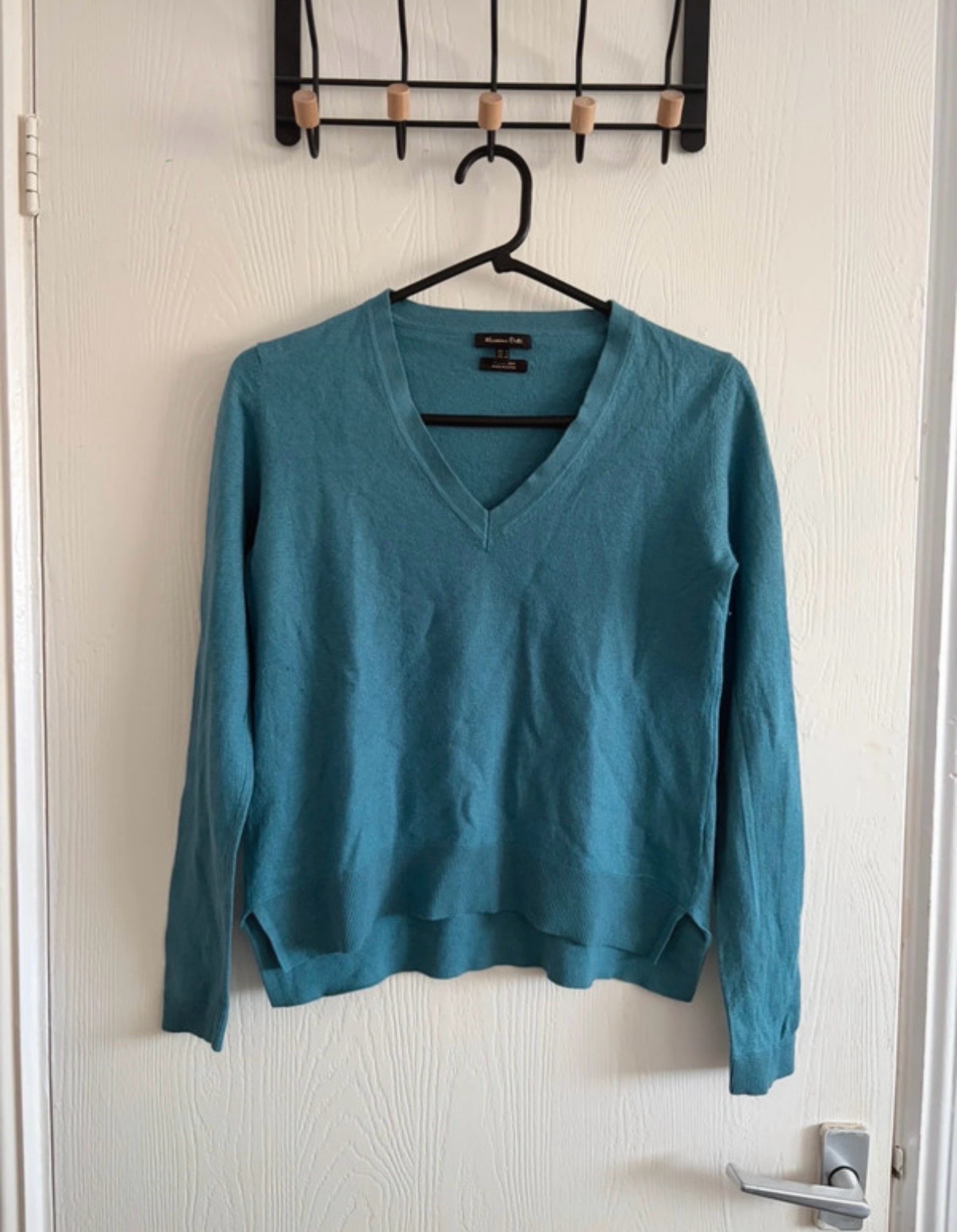 Preppy Wool Silk V Neck Sweater Teal Old Money Quiet Luxury Massimo Dutti Size S