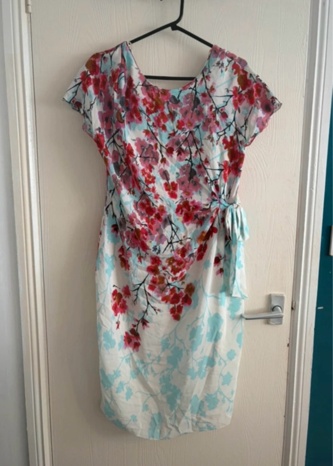 100% Silk Cherry Blossom Draped Ruched Midi Occassion Dress Size 12