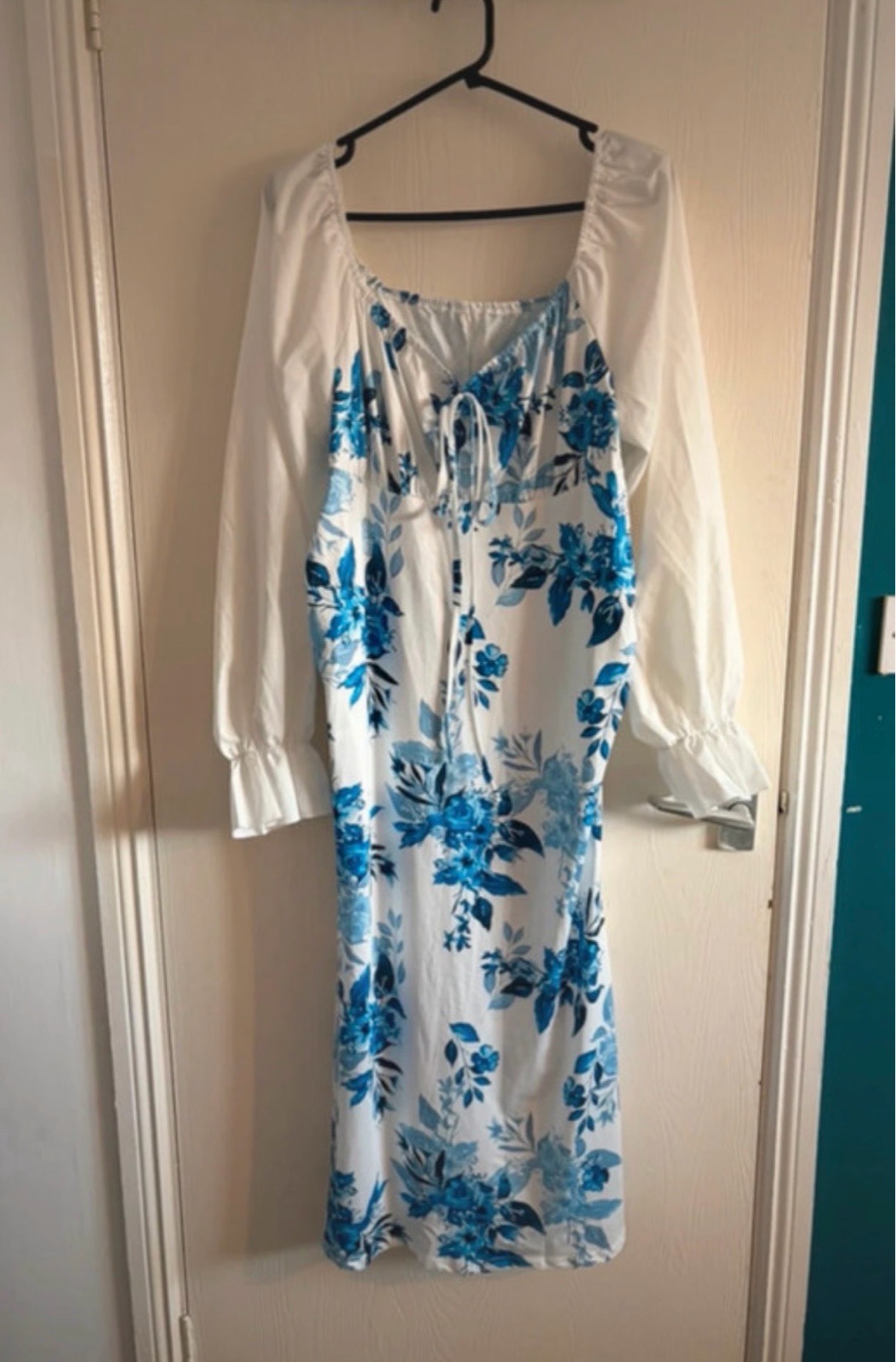 Cottagecore Milkmaid Blue & White Floral Long Summer Dress Size 16-18
