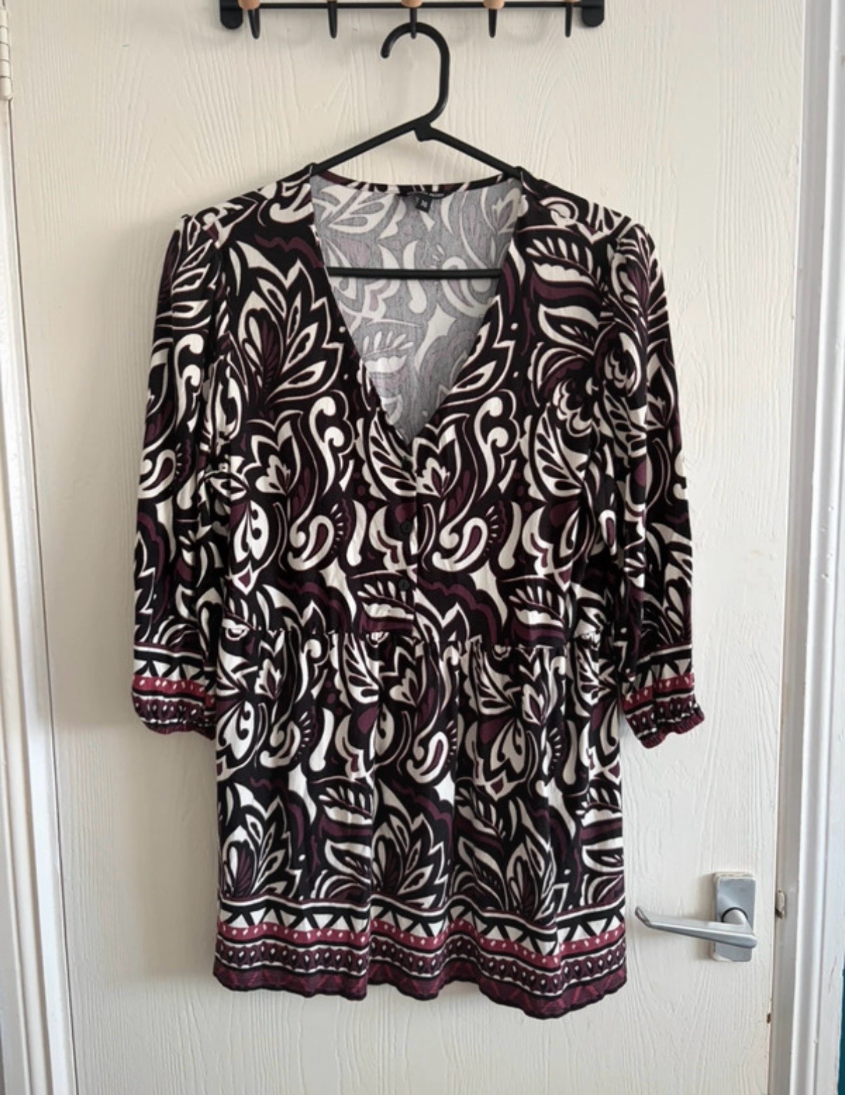 Wine Earthy Floral & Paisley Abstract Damask Boho Tunic Top Roman Petite Size 16