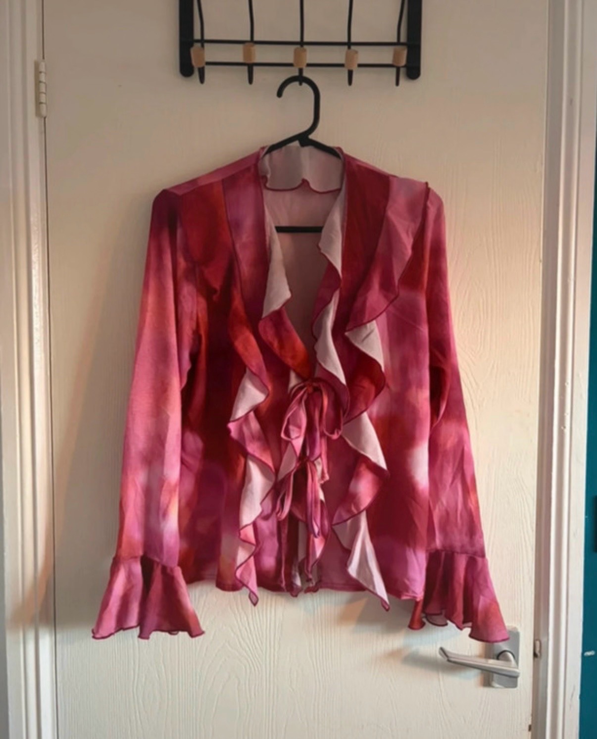 Fairycore Coquette Pink Floral Ruffle Blouse Y2K Tie Front Size 16