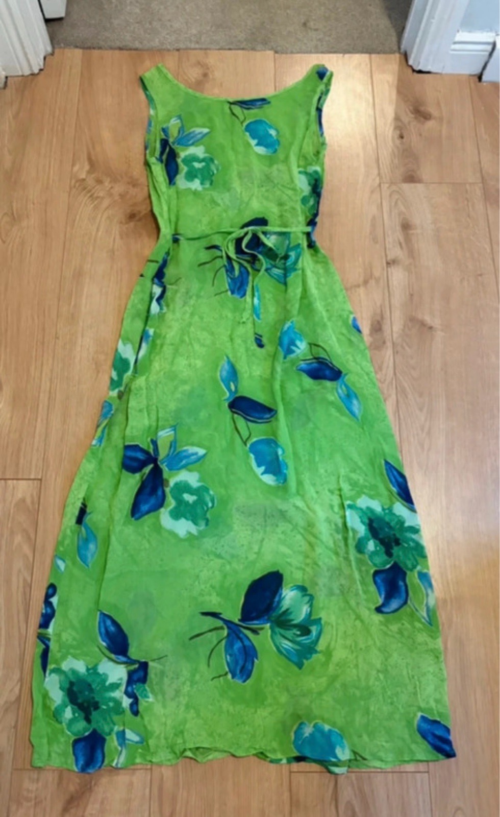 Lime Green Floral Sheer Overlay Sleeveless Summer Dress Vintage 90s Size 8 ALGO