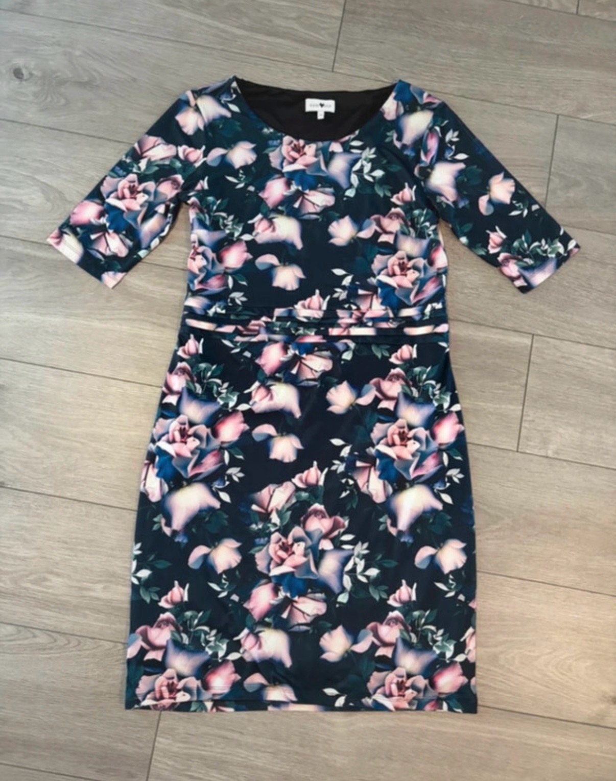 Pink & Purple Dark Floral Occasion Bodycon Midi Dress Size 14