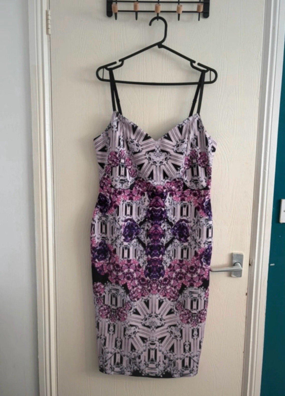 Purple Kaleidoscope Geometric Bodycon Midi Dress Digital Crystal Print ASOS Size 16