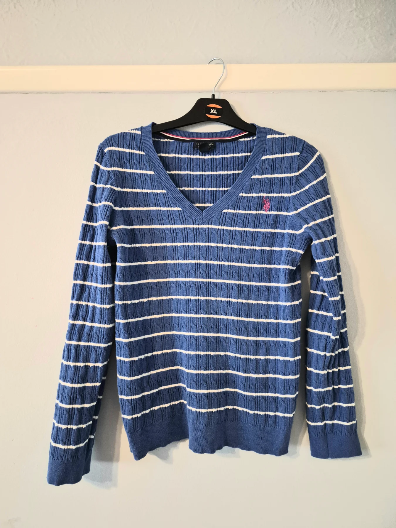 U.S Polo Assn classic v neck kable knitted preppy stripy jumper sweater UK 12/14