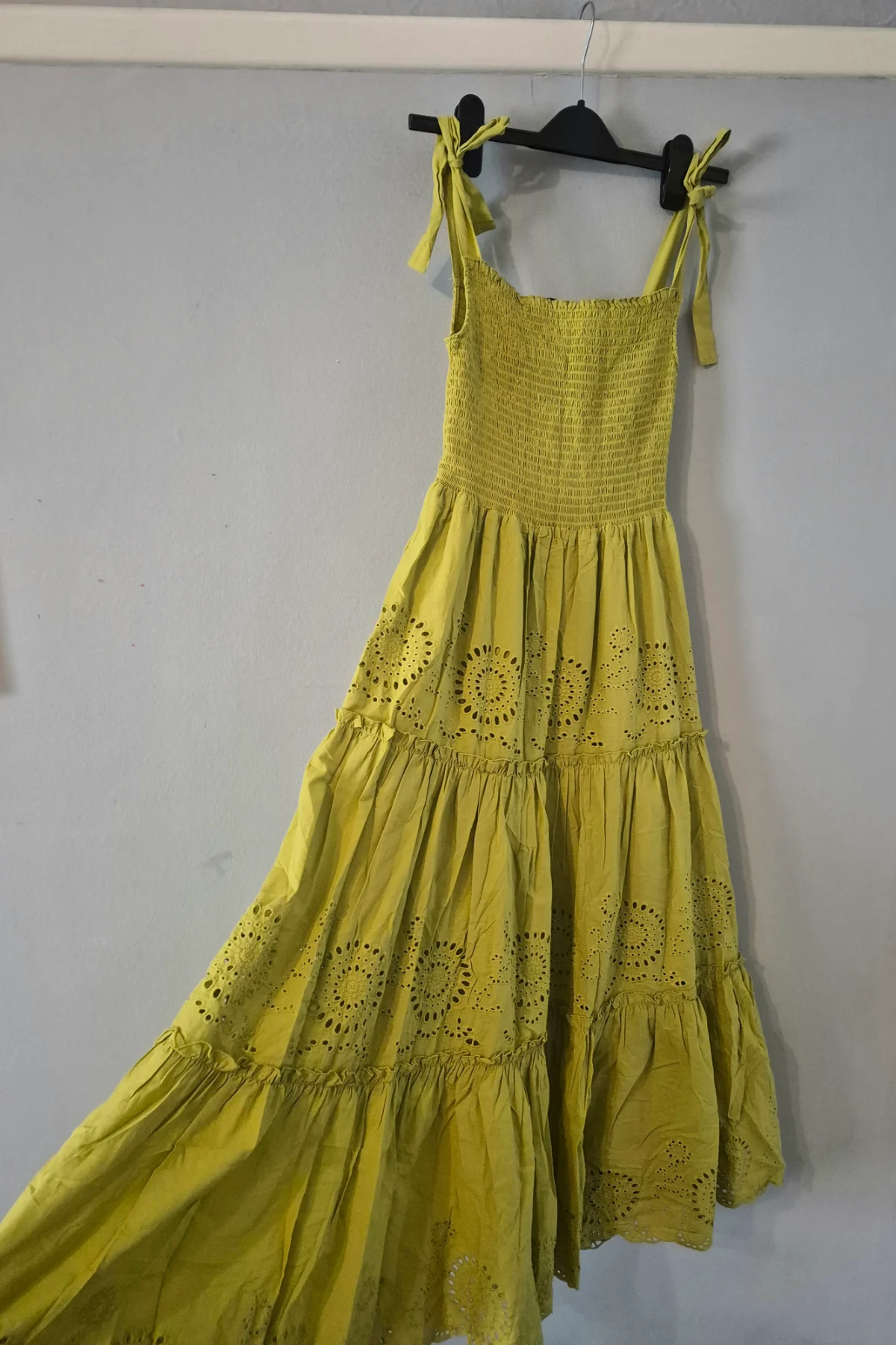 Zara Viral Broderie Anglaise yellow shirred waist midaxi dress size M