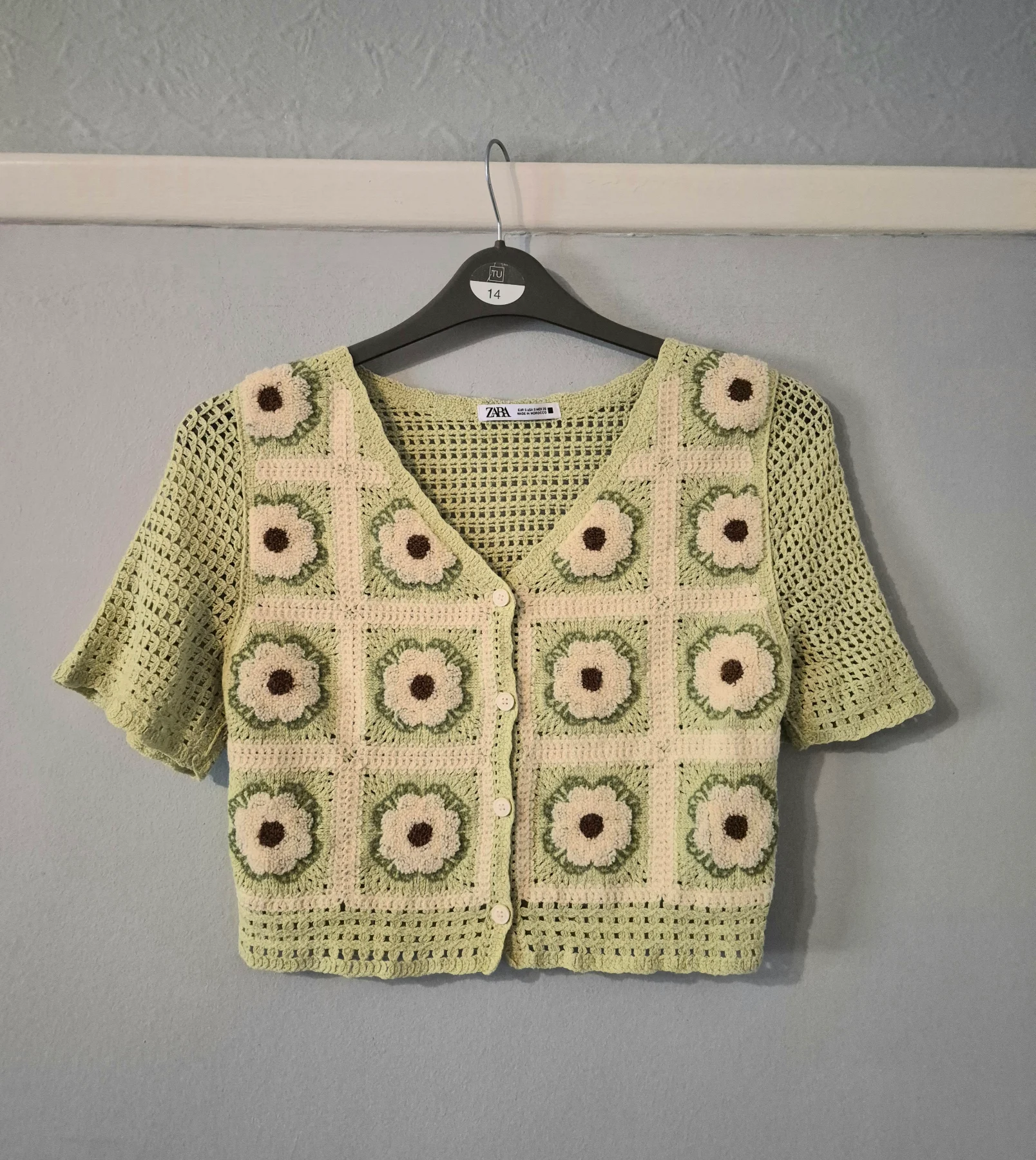 Zara Granny Square Green Flower Patchwork Crochet Cardigan Top Cropped