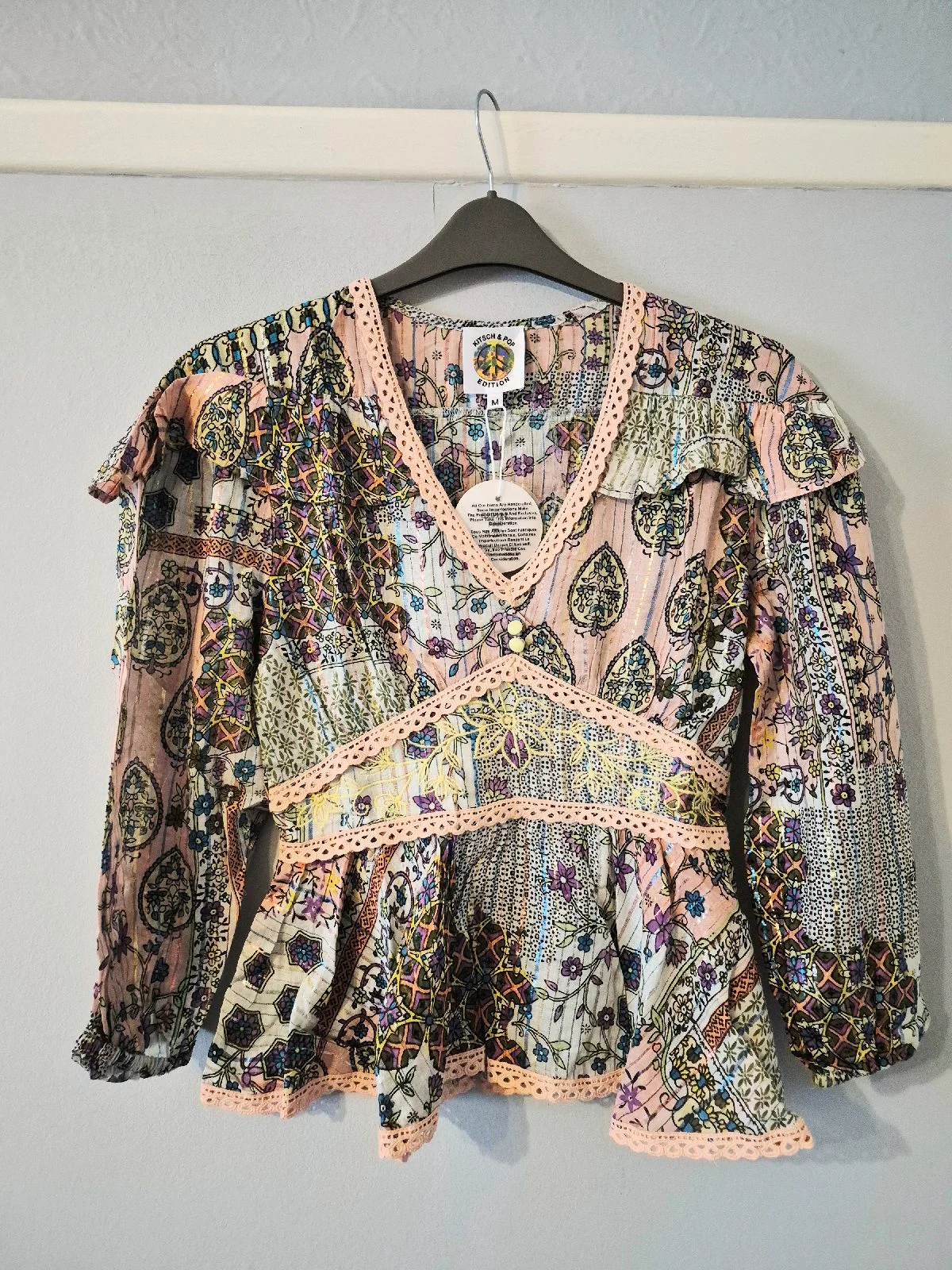 NJ Couture patchwork crochet detail boho v neck lightweight blouse size M
