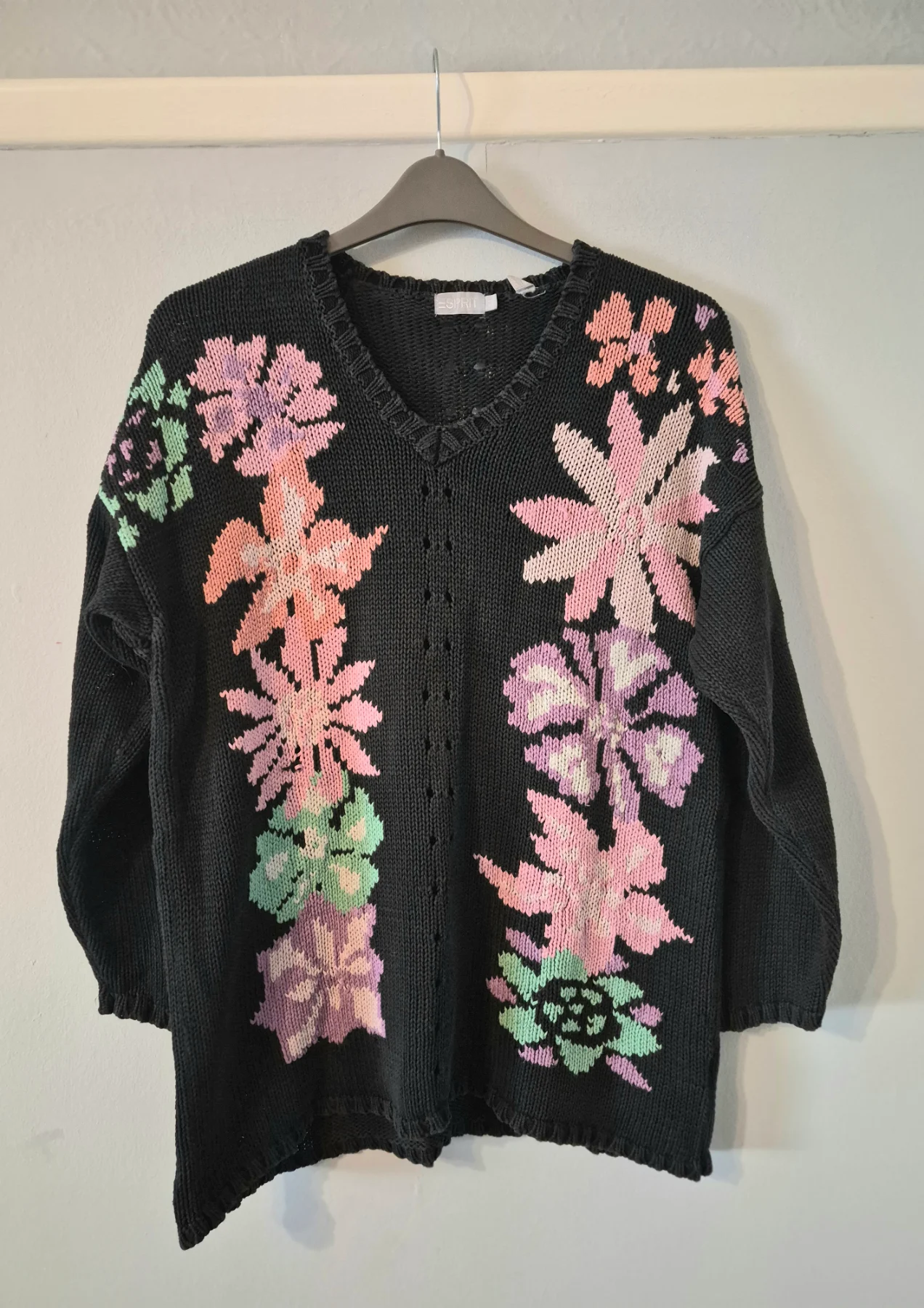 Esprit Vintage Oversized Black Floral Knit Jumper Size M 100% Cotton