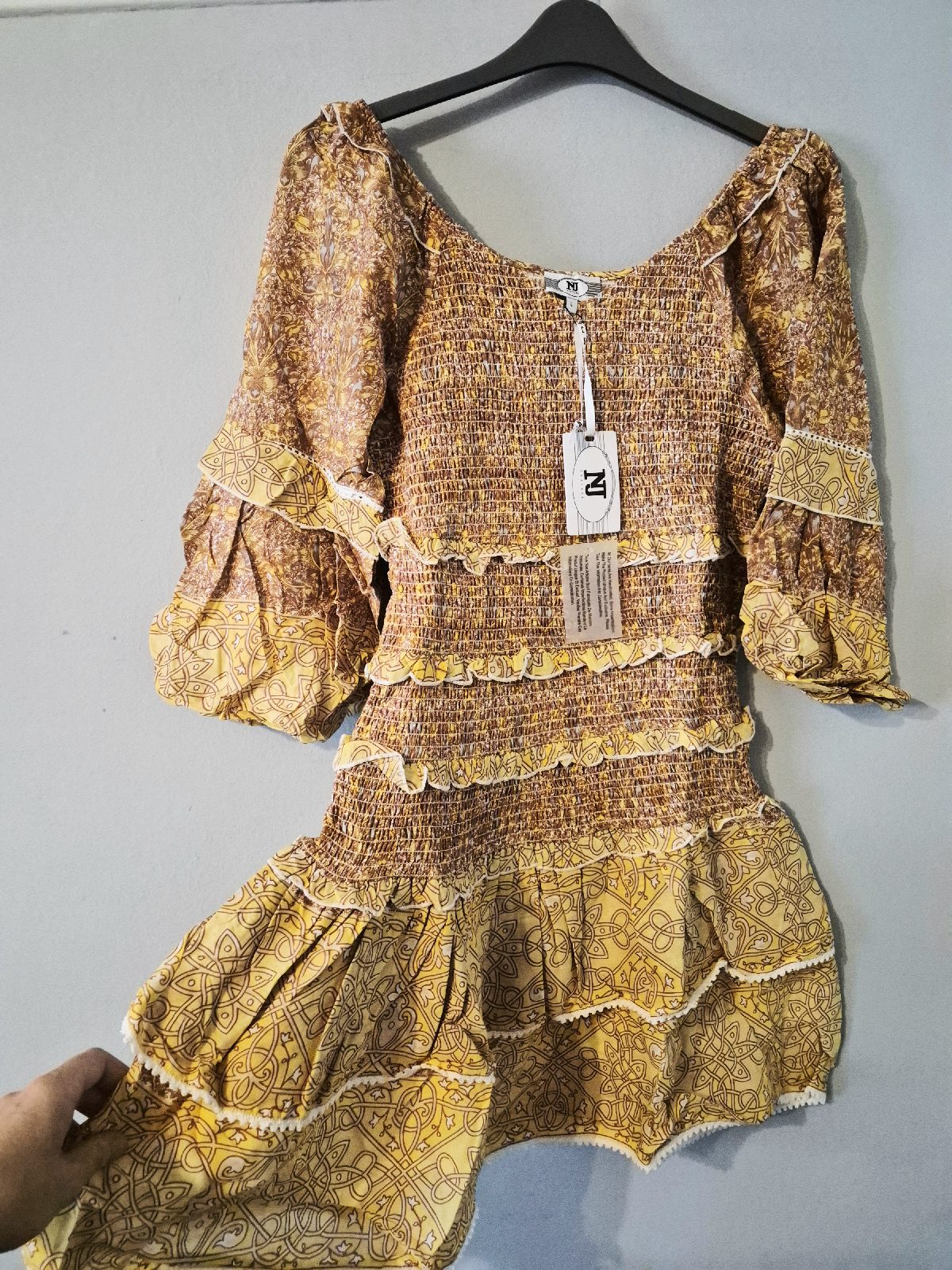 Barok Paris NJ Couture Smocked Ruffle Mini Dress L BNWT Boho Floral Yellow Rust